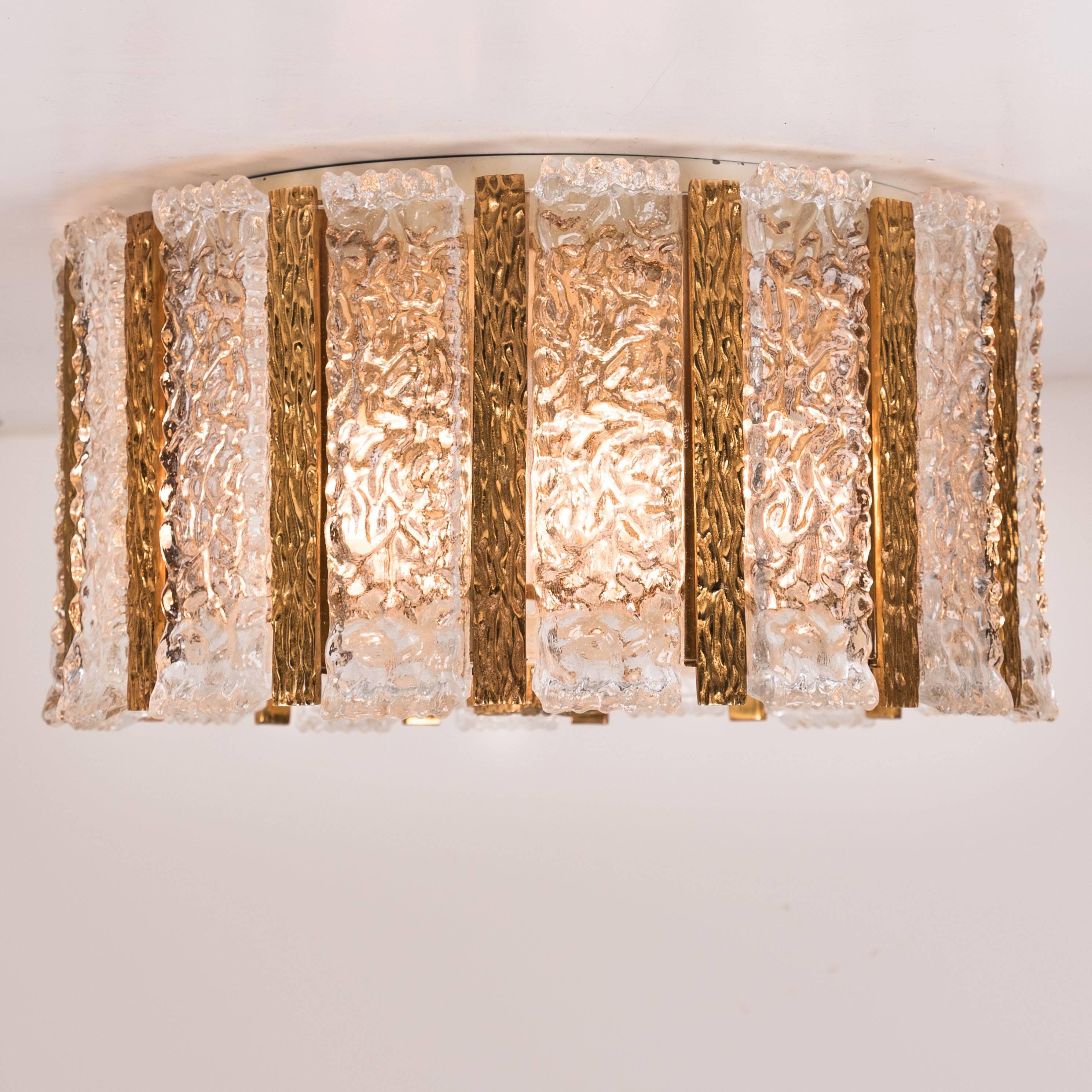 Austrian J.T. Kalmar Drum Flushmount Gold-Plated and Frosted Ice Glass, Austria, 1960s For Sale
