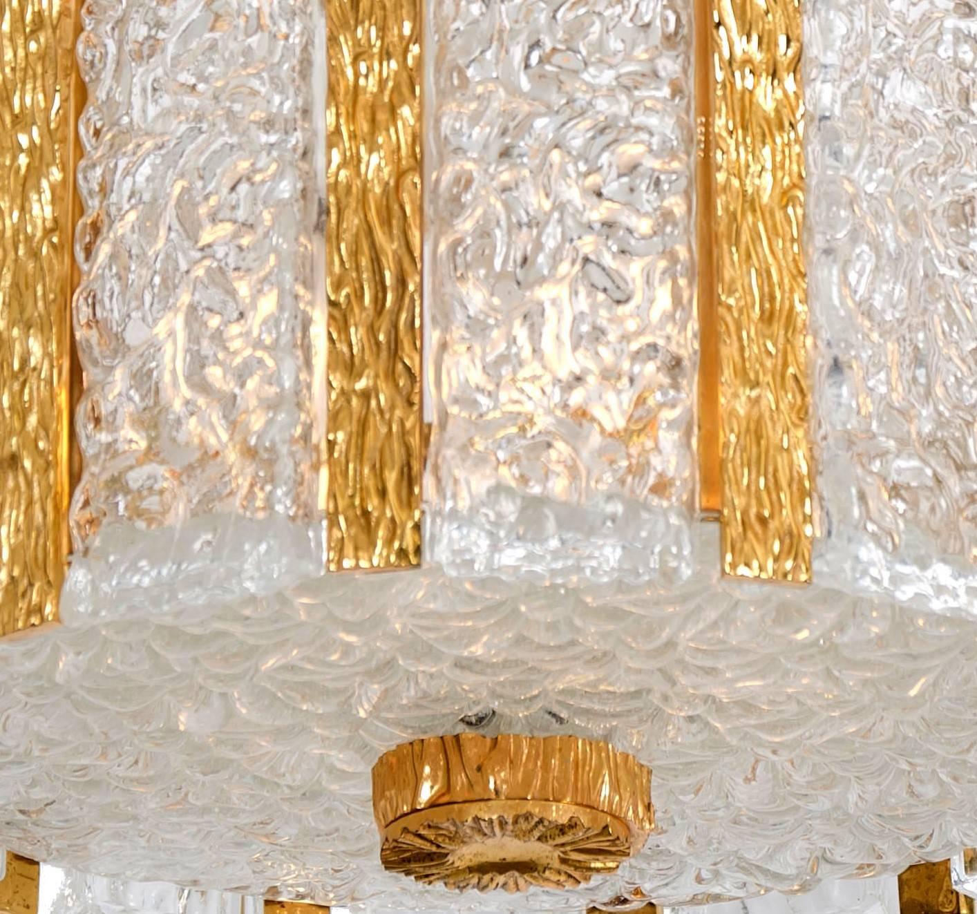 Brass J.T. Kalmar Drum Flushmount Gold-Plated and Frosted Ice Glass, Austria, 1960s For Sale