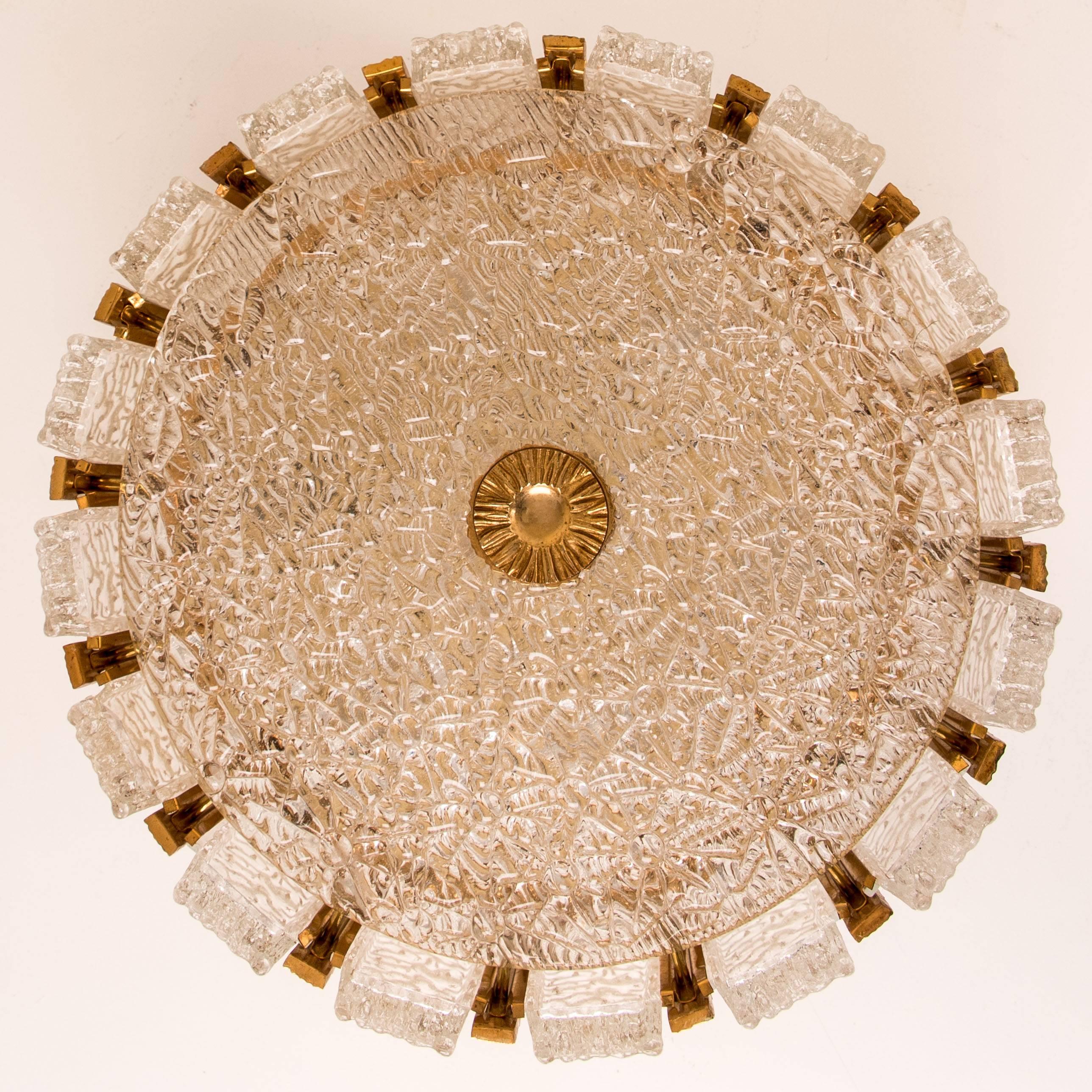 J.T. Kalmar Drum Flushmount Gold-Plated and Frosted Ice Glass, Austria, 1960s For Sale 1