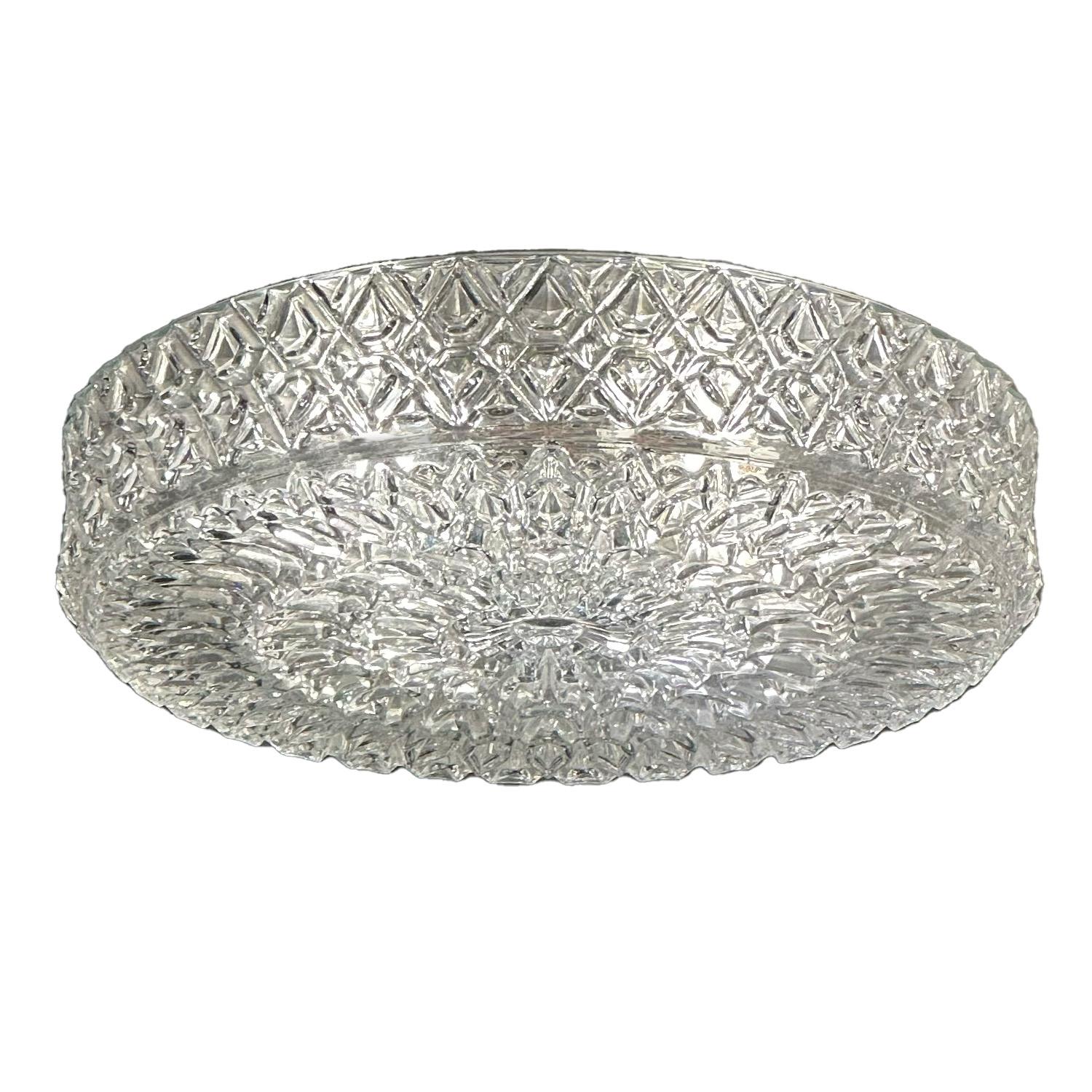 Beautifully patterned, drum shape, cut glass light fixture by renowned Austrian lighting manufacturer J.T. Kalmar. Bring light and beauty to your space with this elegant flush mount fixture. Perfect for your foyer, bedroom hall or dressing room. The