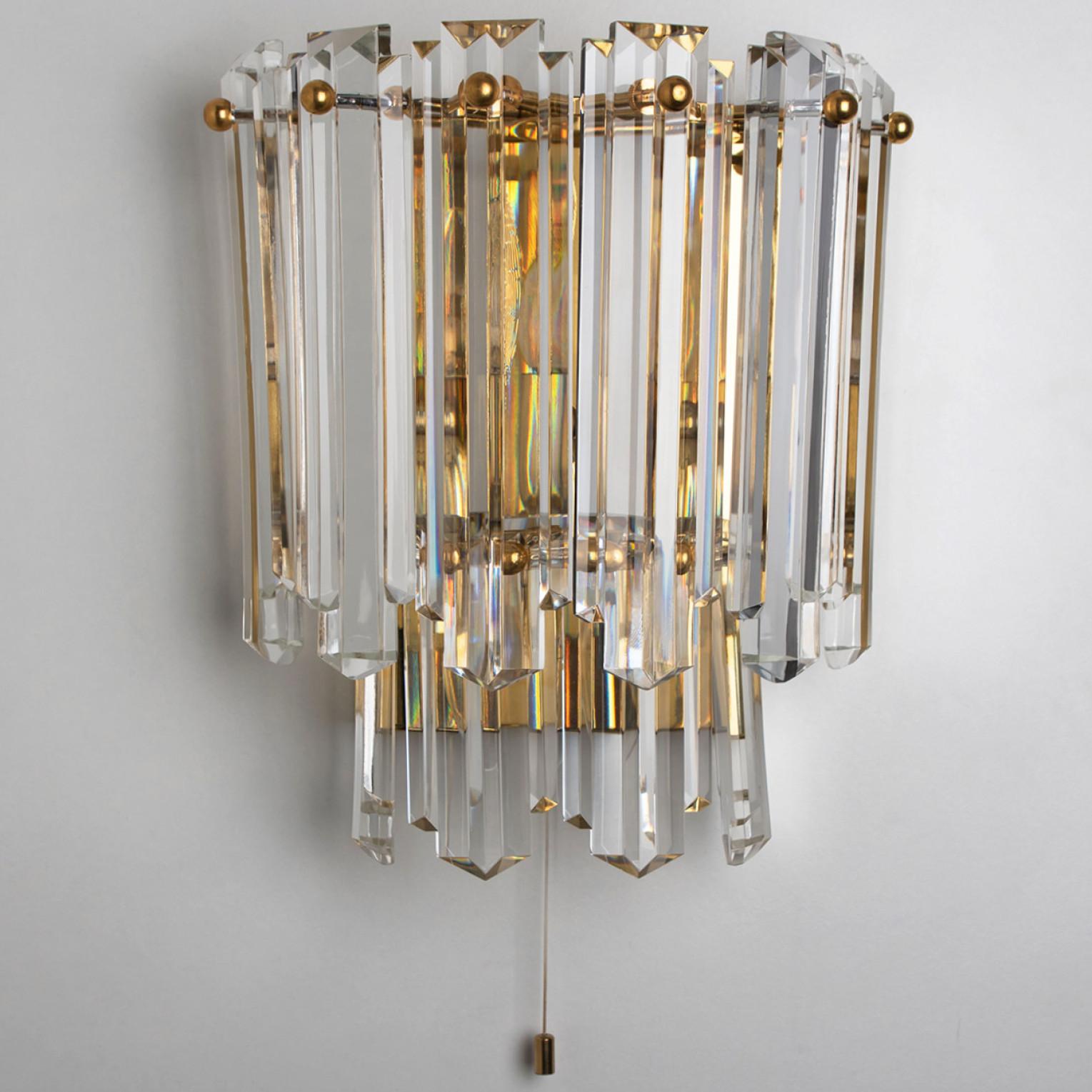 Art Deco J.T. Kalmar Faceted Glass and Gilt Brass Sconces, Italy, 1970s For Sale