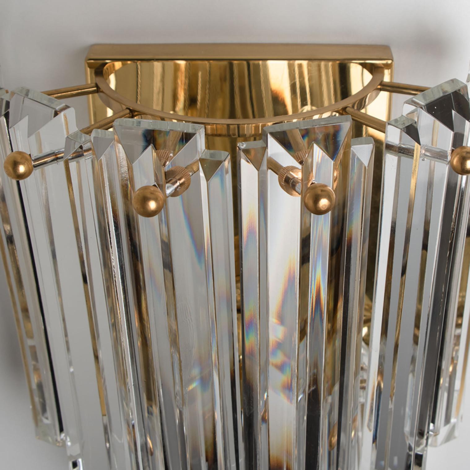 Italian J.T. Kalmar Faceted Glass and Gilt Brass Sconces, Italy, 1970s For Sale