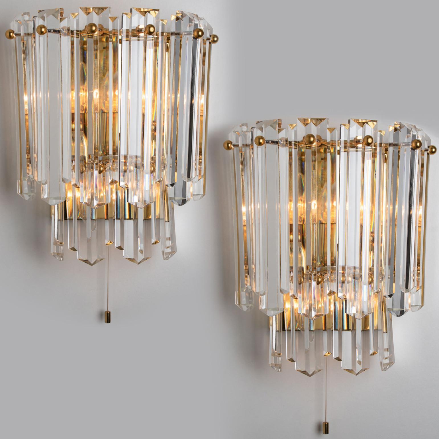 Plated J.T. Kalmar Faceted Glass and Gilt Brass Sconces, Italy, 1970s For Sale