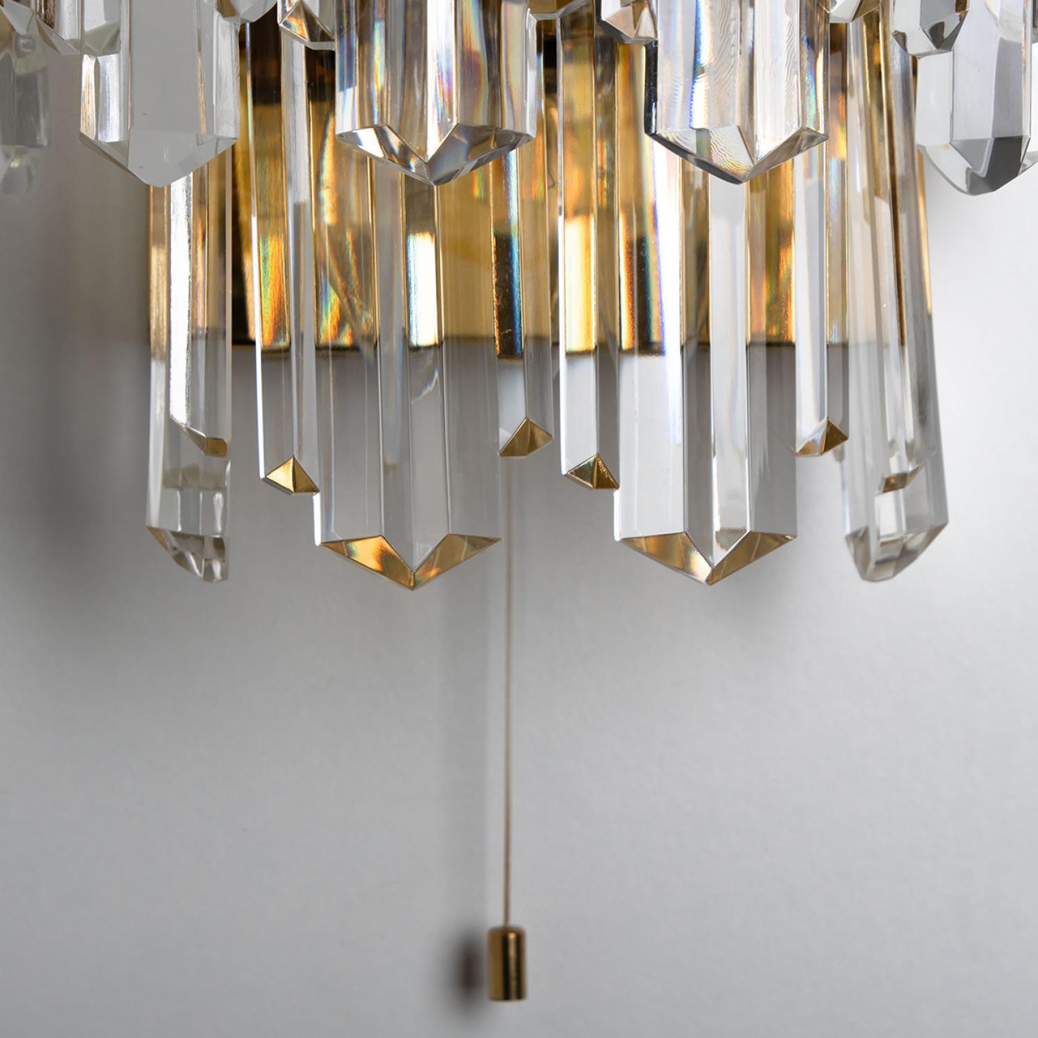 Late 20th Century J.T. Kalmar Faceted Glass and Gilt Brass Sconces, Italy, 1970s For Sale