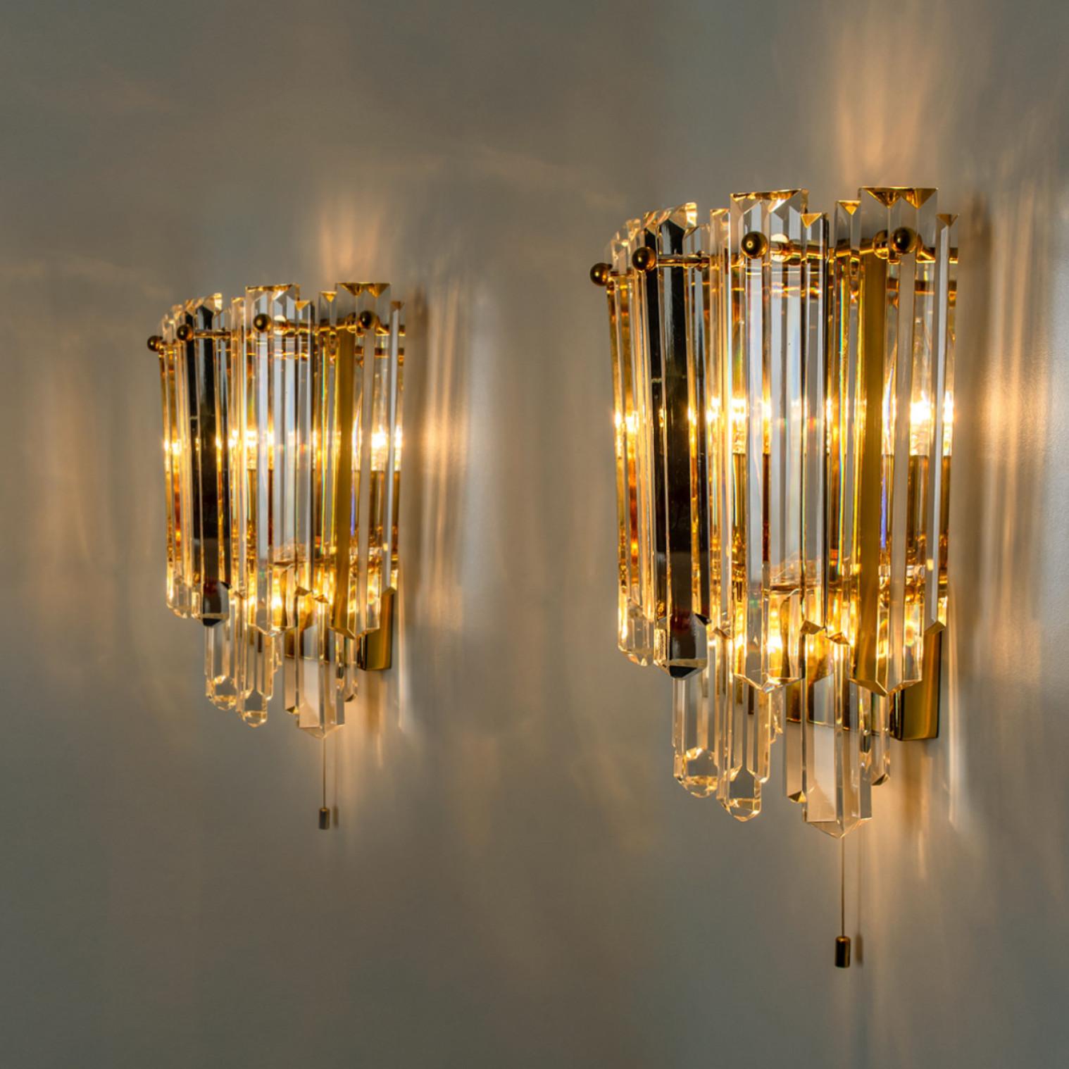Gold J.T. Kalmar Faceted Glass and Gilt Brass Sconces, Italy, 1970s For Sale