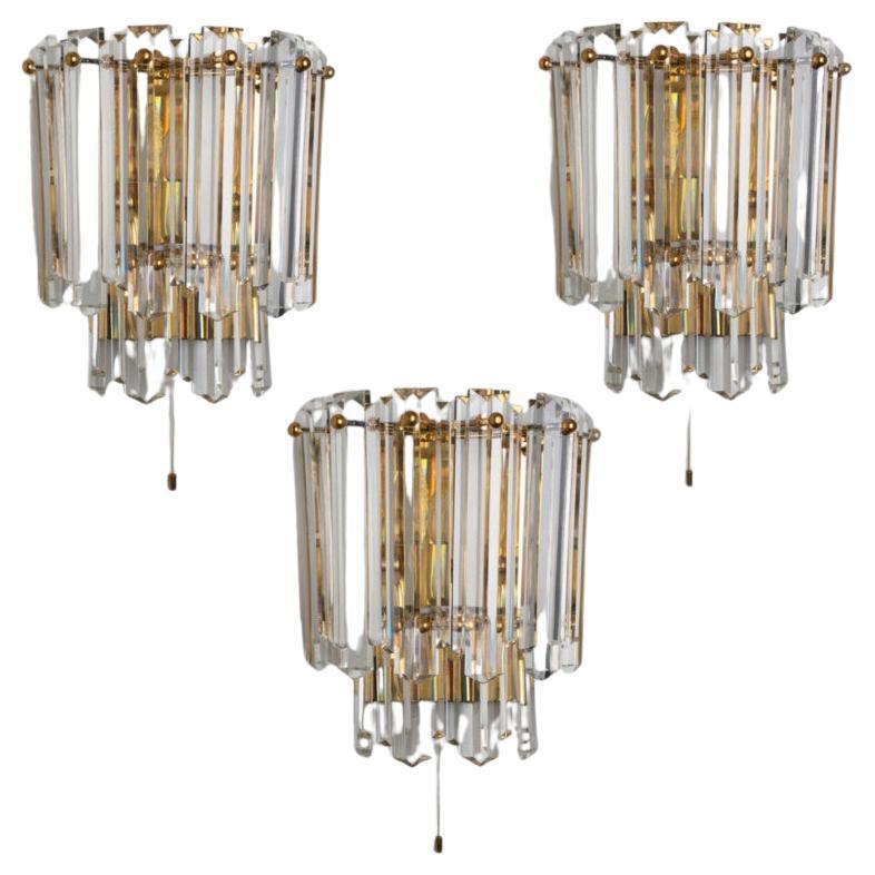 J.T. Kalmar Faceted Glass and Gilt Brass Sconces, Italy, 1970s For Sale