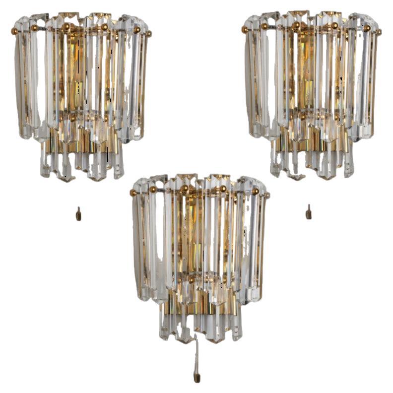 J.T. Kalmar Faceted Glass and Gilt Brass Sconces, Italy, 1970s