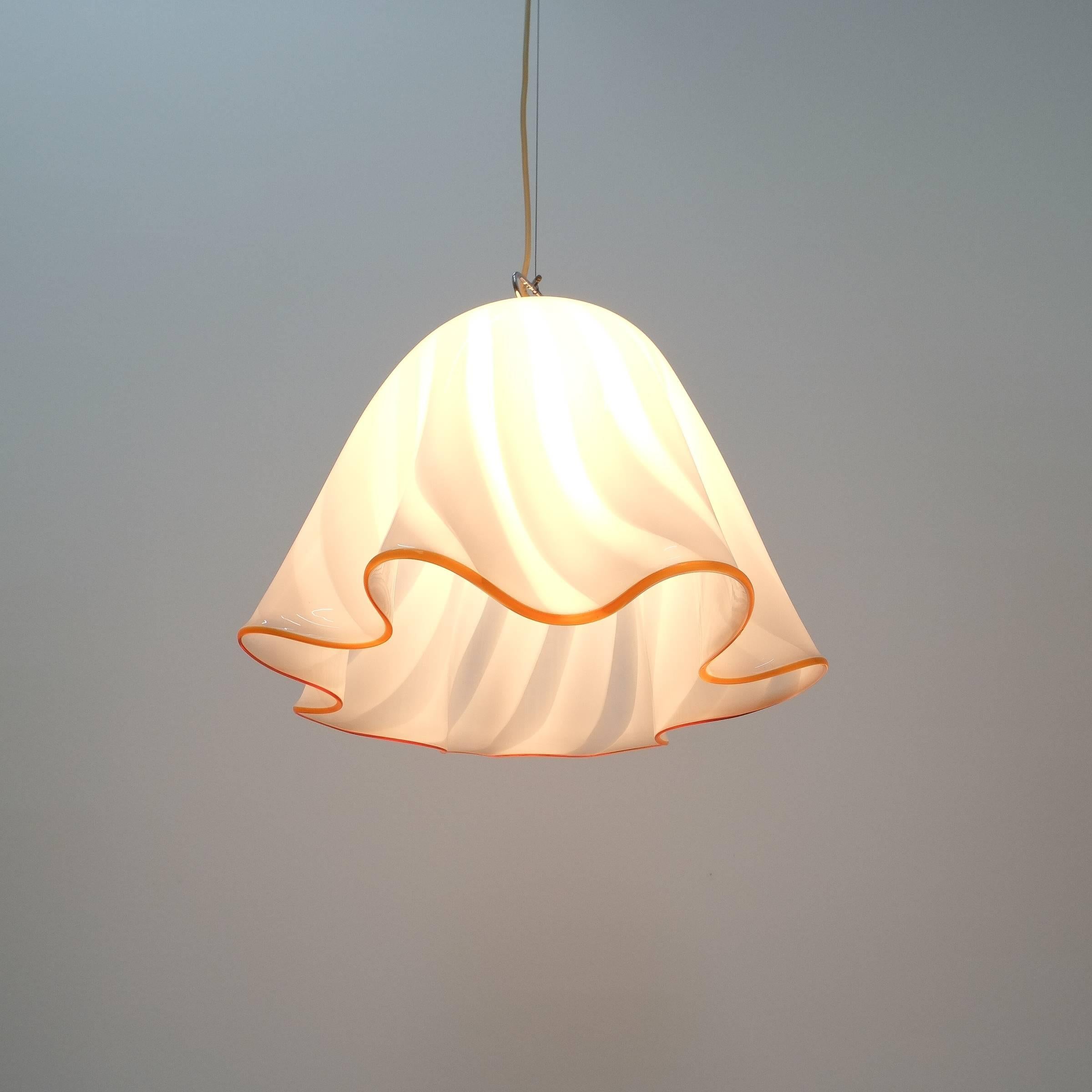 J.T Kalmar Fazzoletto white glass pendant lamp, Austria, circa 1970. It measures 18.9 x 15.74