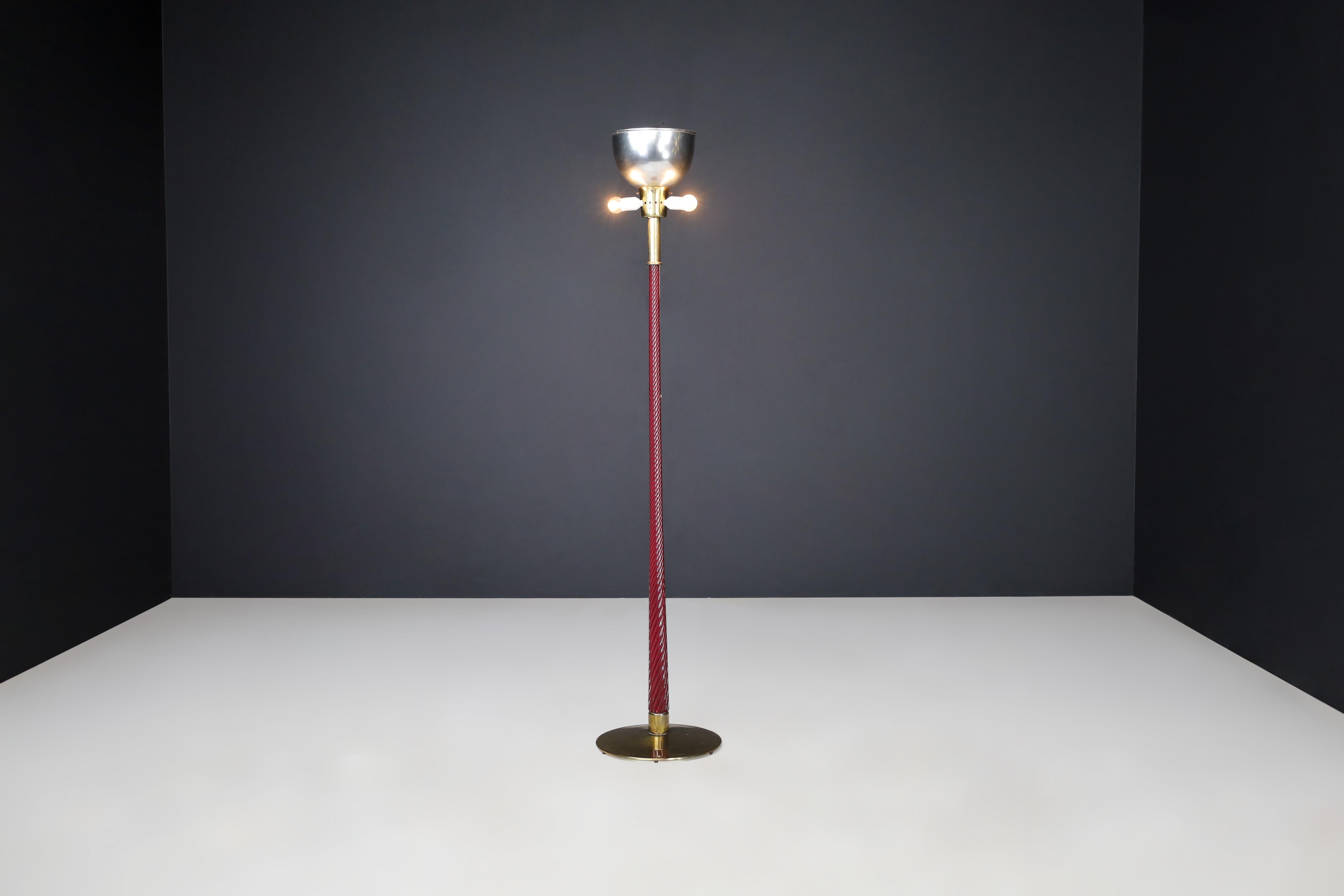 Mid-Century Modern J.T. Kalmar Floor Lamp in Brass and Ruby Glass Rod, Austria, 1960s For Sale