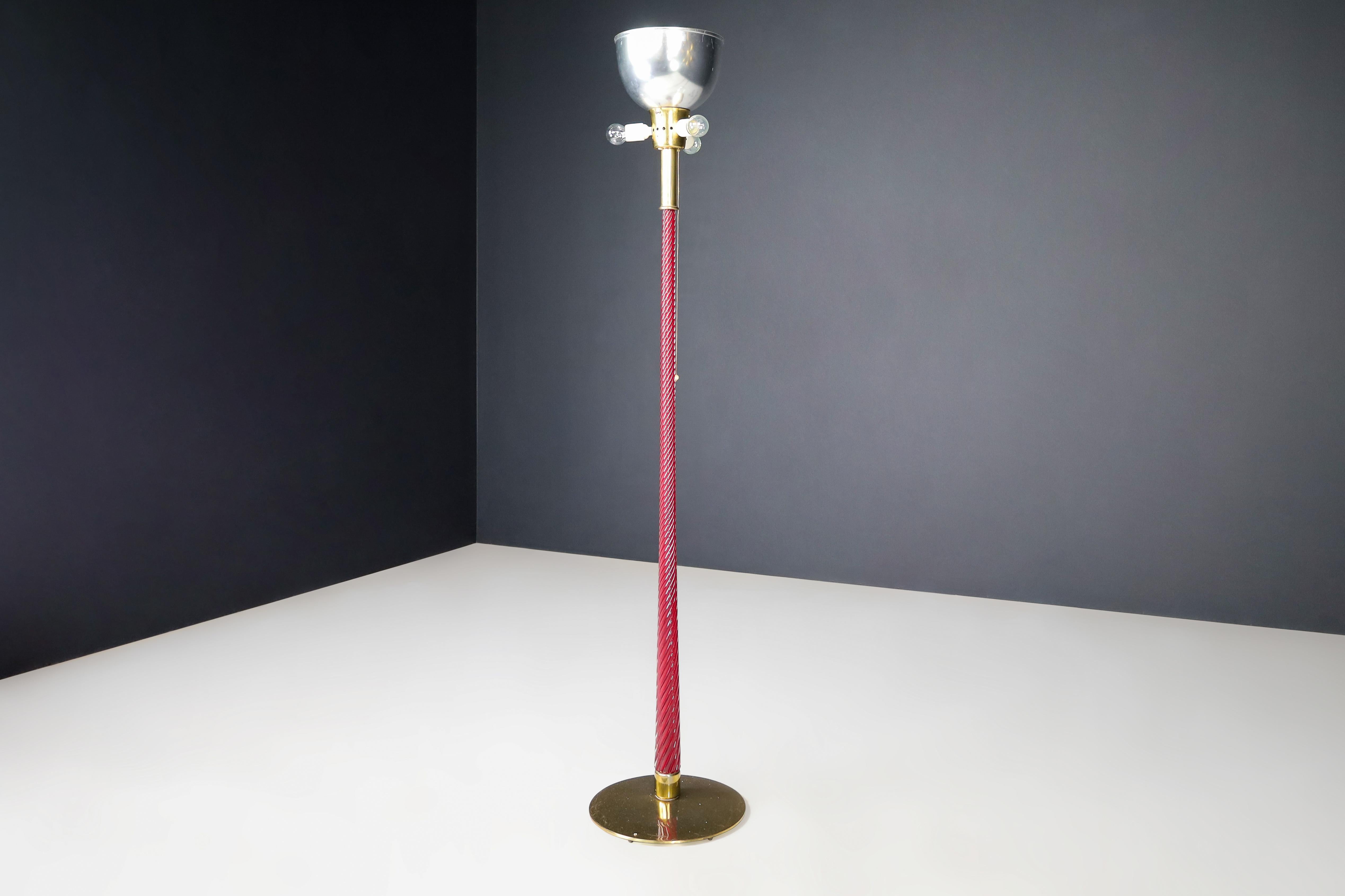 Austrian J.T. Kalmar Floor Lamp in Brass and Ruby Glass Rod, Austria, 1960s For Sale