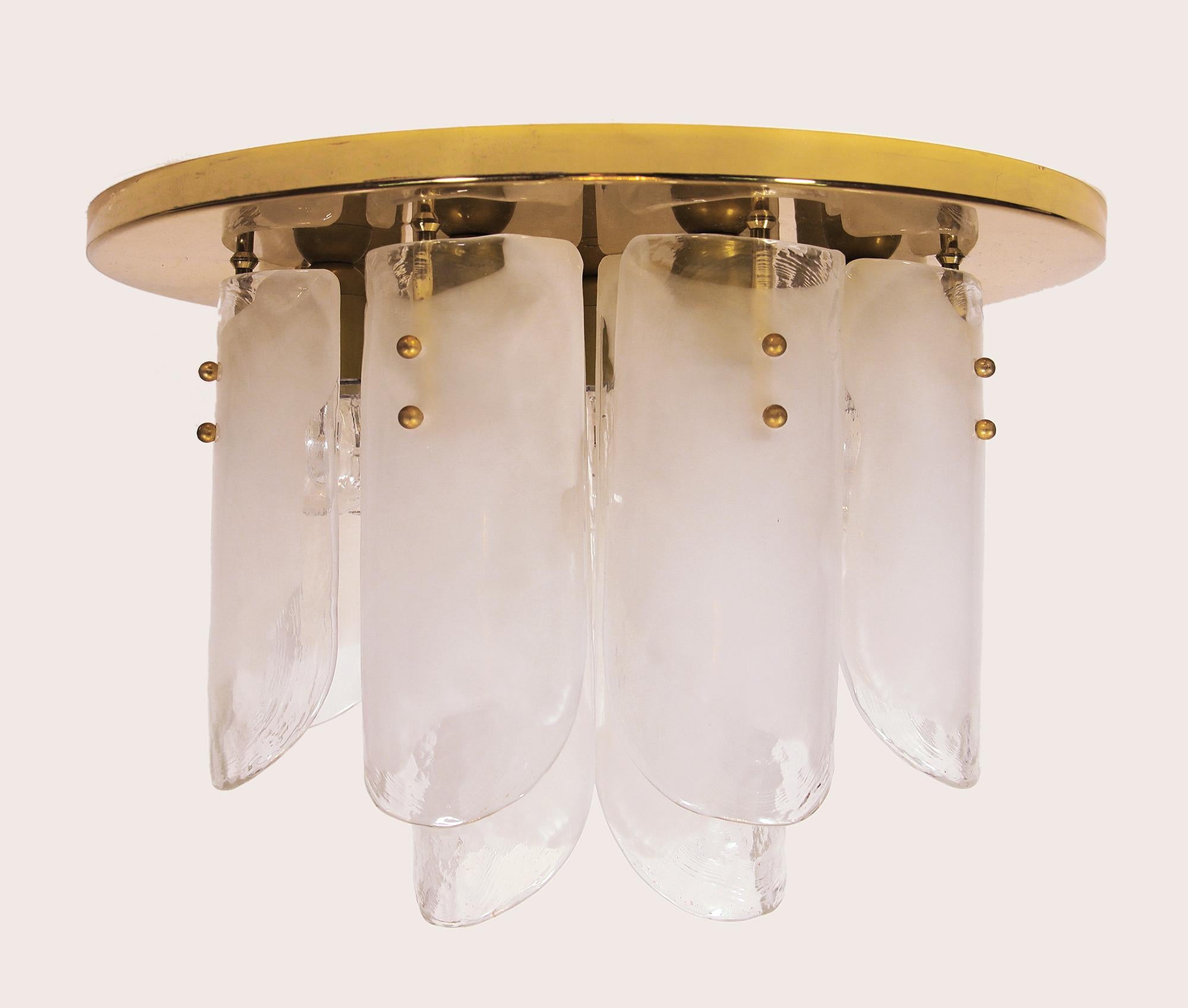 Mid-Century Modern J.T. Kalmar Flush Mount Chandelier Tulip Murano Glass & Brass, Austria, 1970s