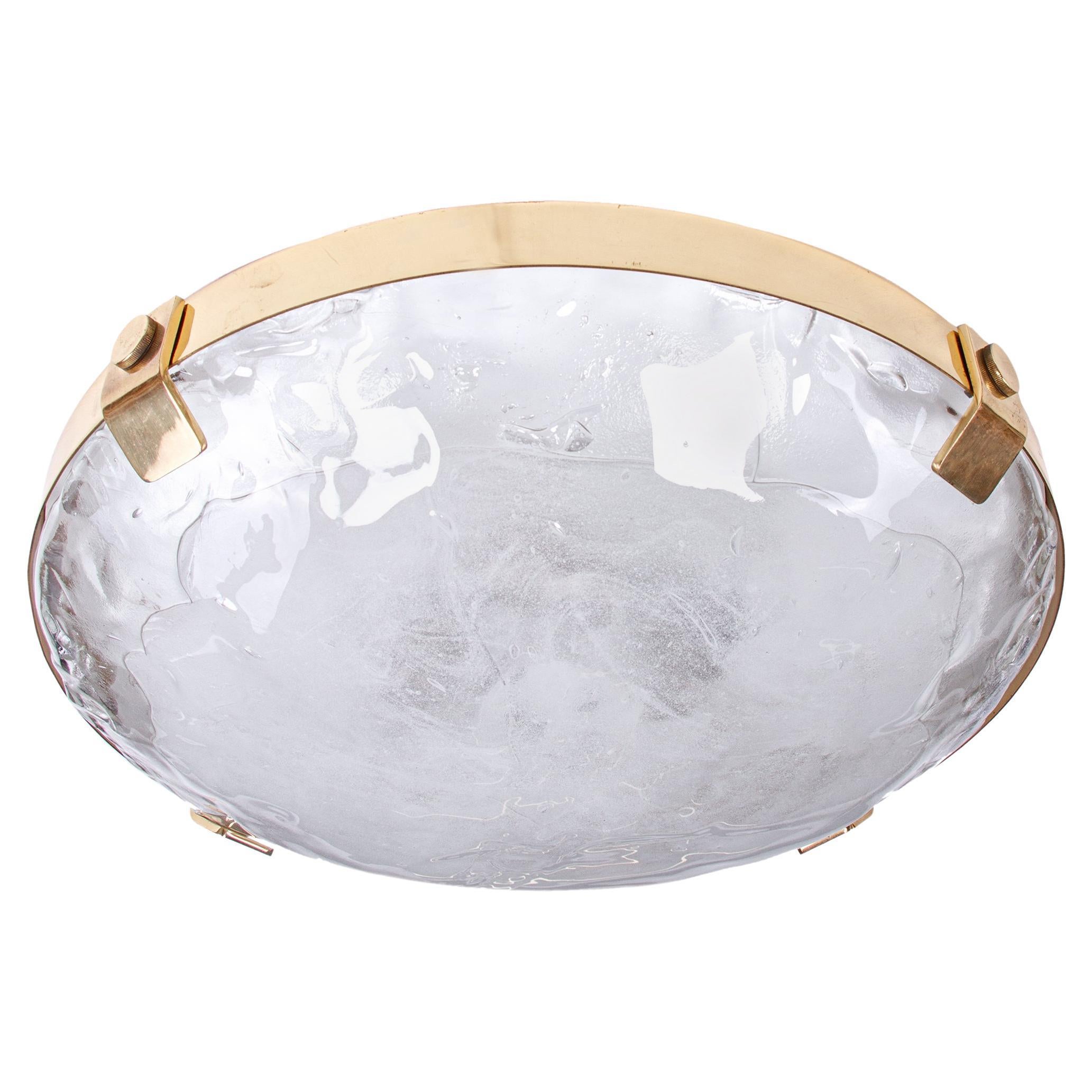 J.T. Kalmar Flush Mount Murano Ice Glass & Brass Ceiling Light, Austria 1960s