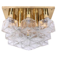 Vintage J.T. Kalmar 18" Cubist Flush Mount Chandelier Brass & Ice Glass, Austria 1960s