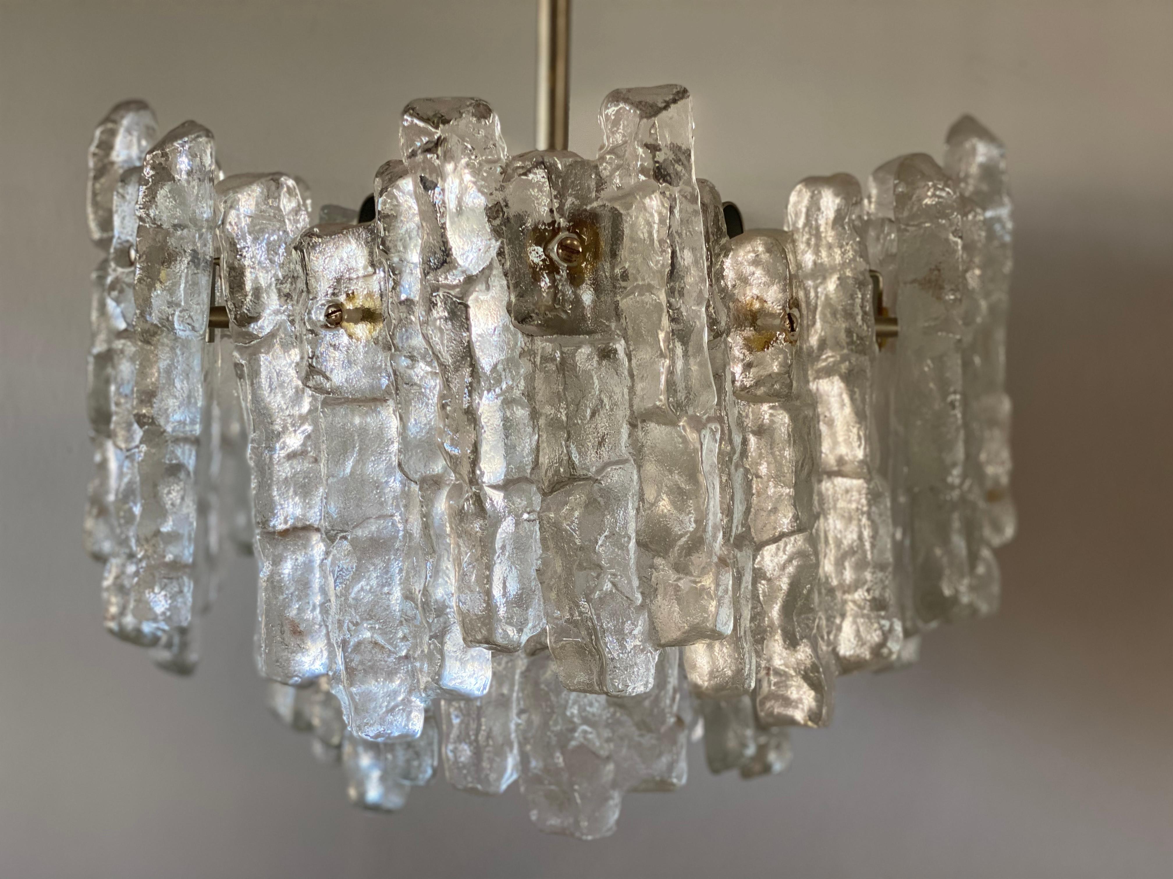 J.T. Kalmar 'Ice Glass' Chandelier, 1960s, Middel Size with Six Lamp Sockets For Sale 2
