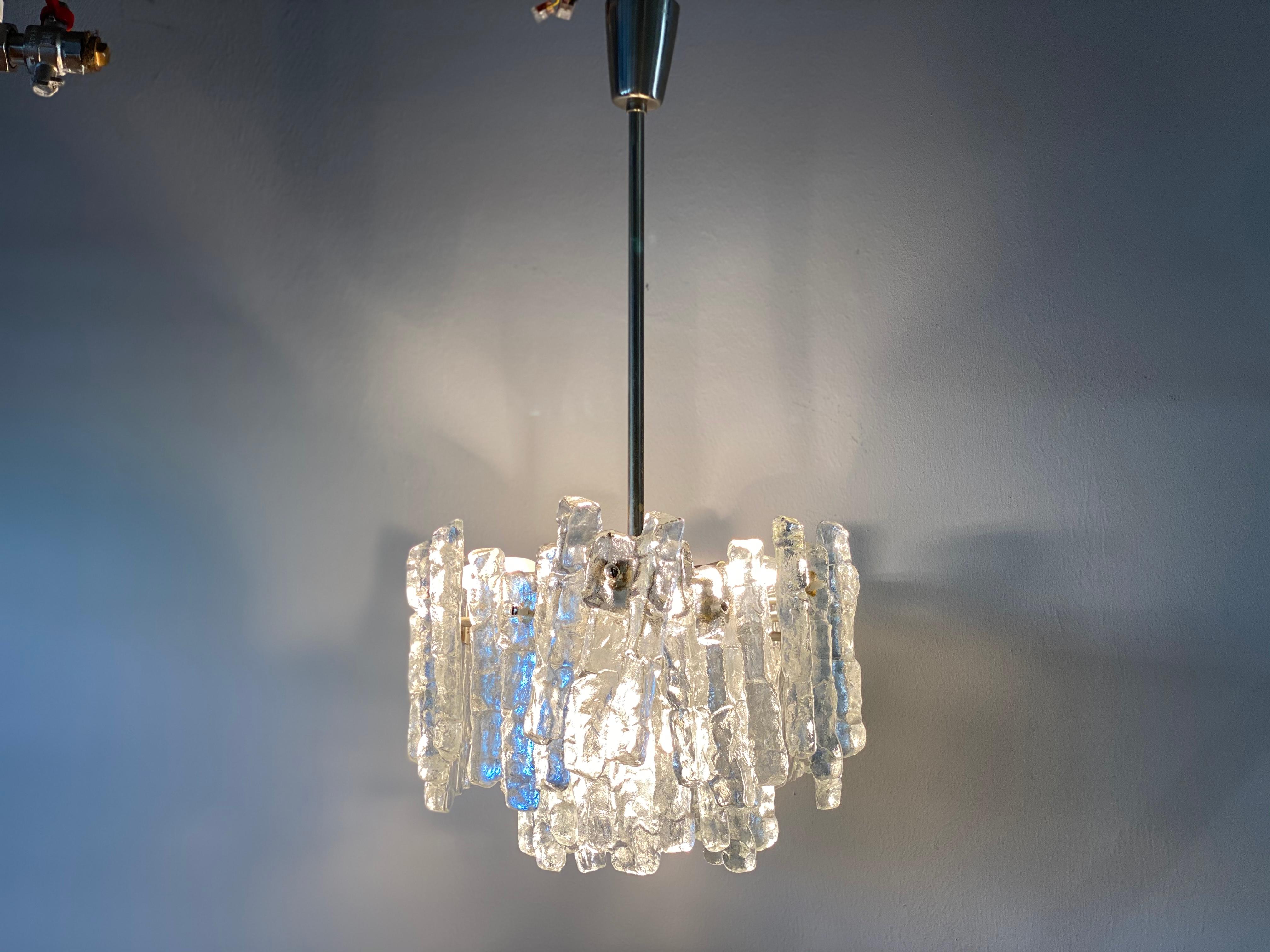 J.T. Kalmar 'Ice Glass' Chandelier, 1960s, Middel Size with Six Lamp Sockets For Sale 5