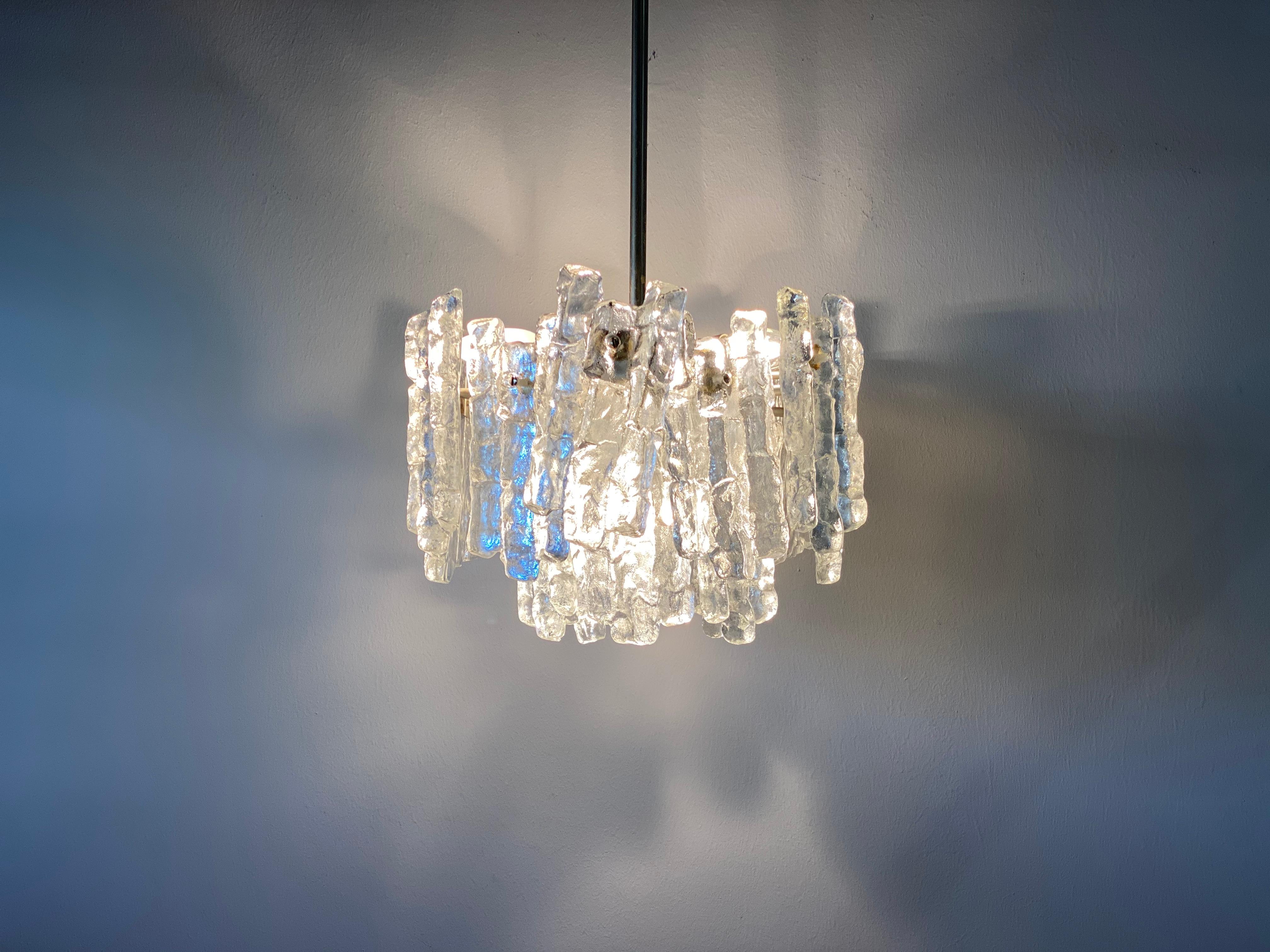 J.T. Kalmar 'Ice Glass' Chandelier, 1960s, Middel Size with Six Lamp