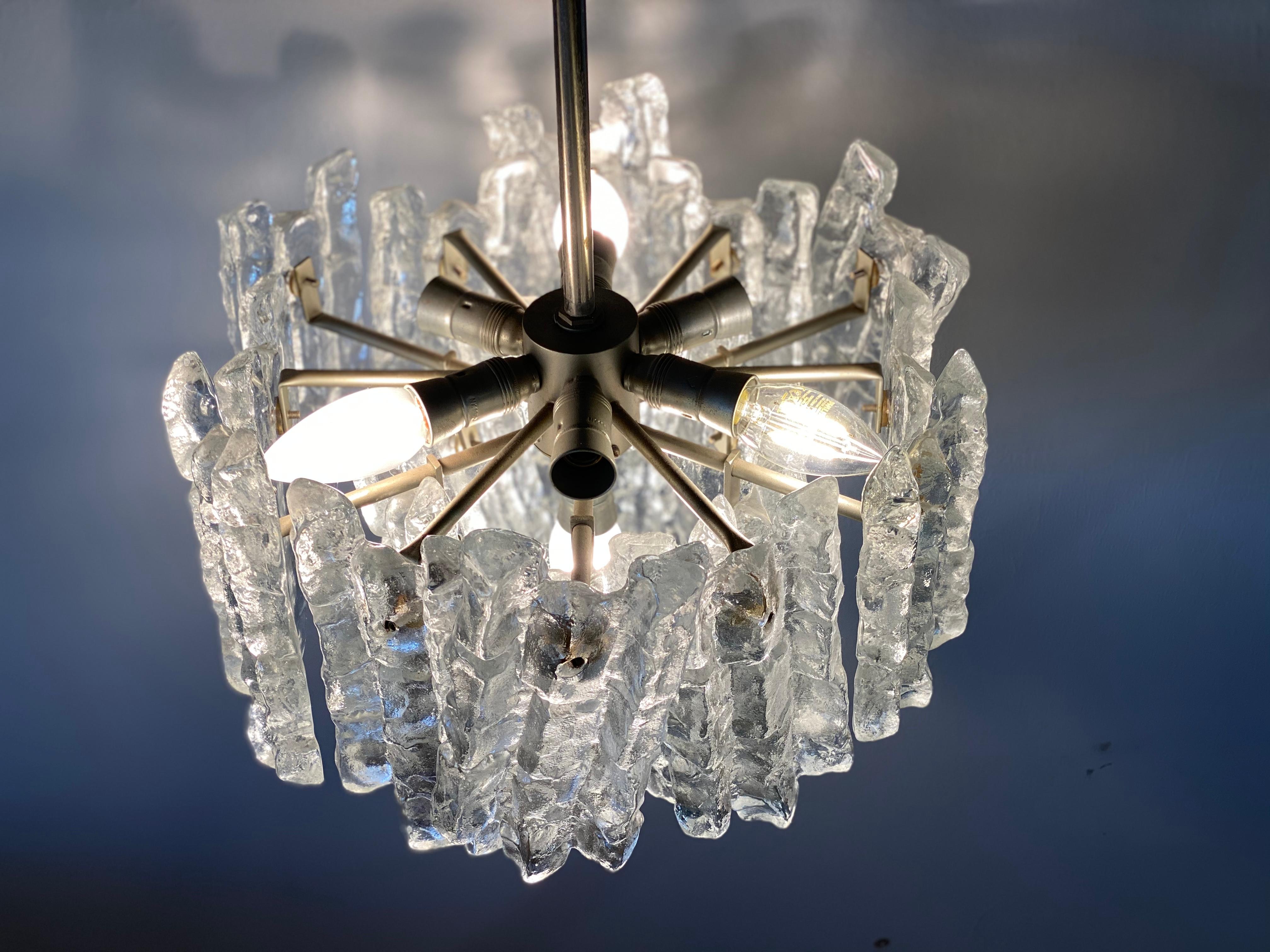 J.T. Kalmar 'Ice Glass' Chandelier, 1960s, Middel Size with Six Lamp Sockets For Sale 7