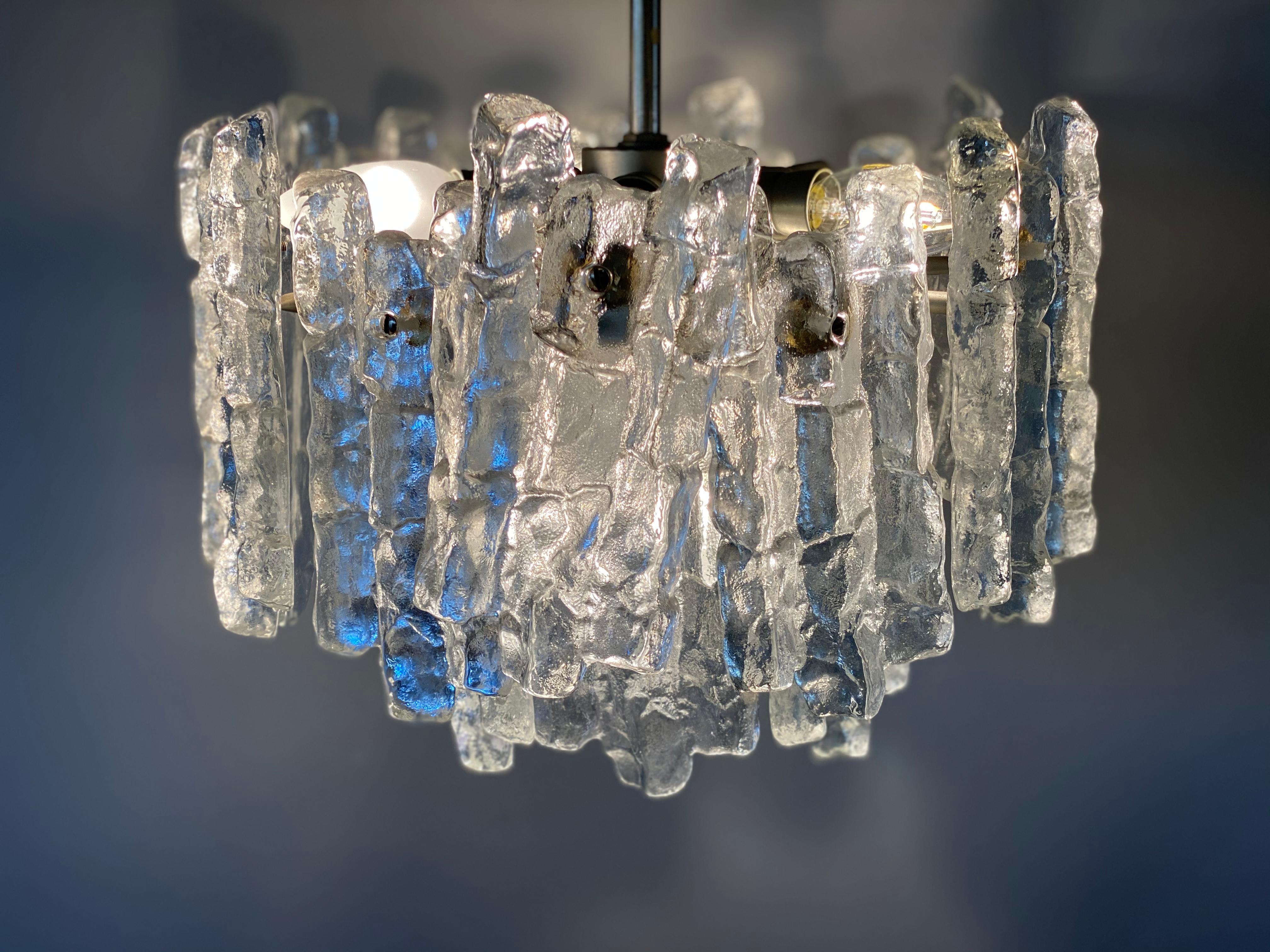 J.T. Kalmar 'Ice Glass' Chandelier, 1960s, Middel Size with Six Lamp Sockets For Sale 8