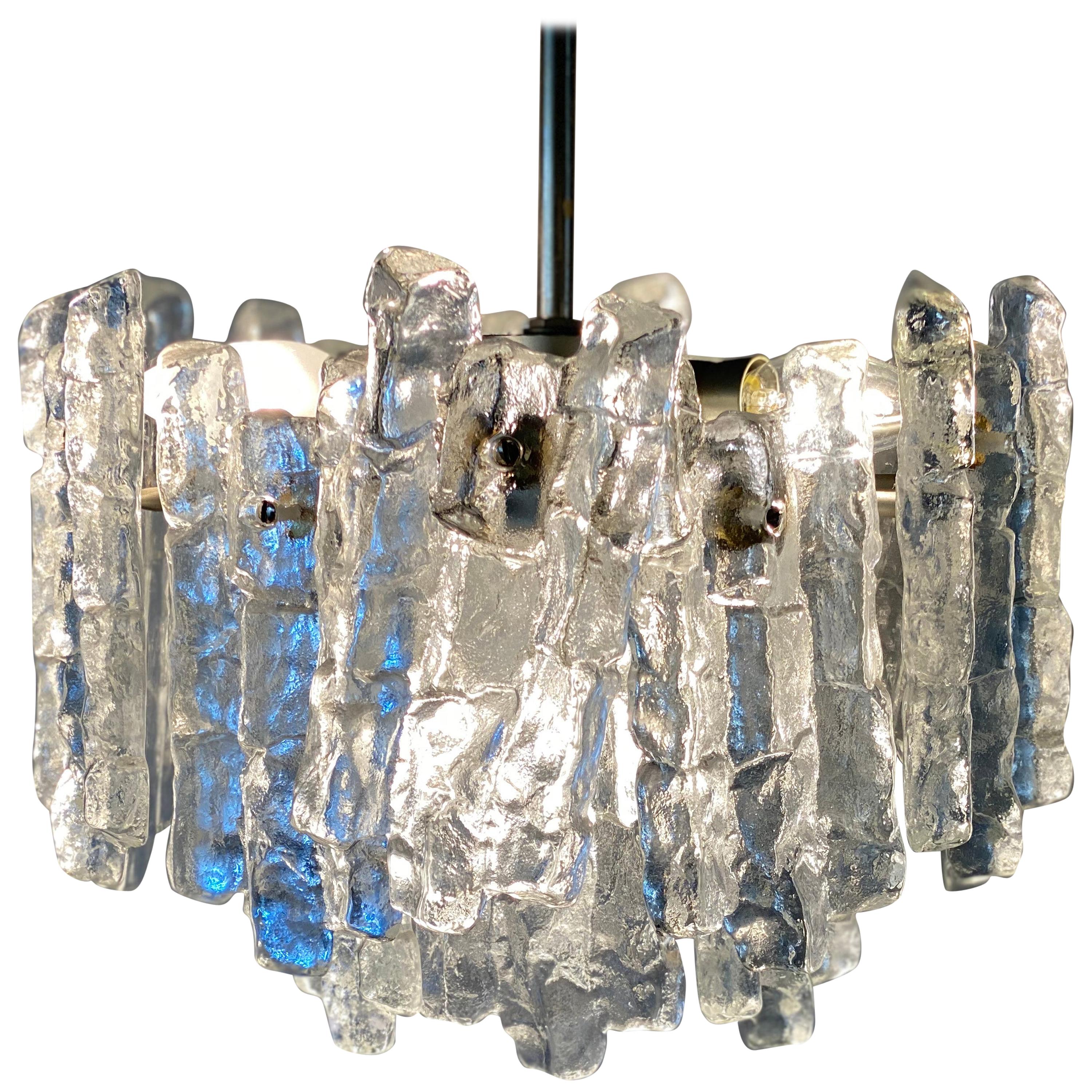 J.T. Kalmar 'Ice Glass' Chandelier, 1960s, Middel Size with Six Lamp Sockets For Sale