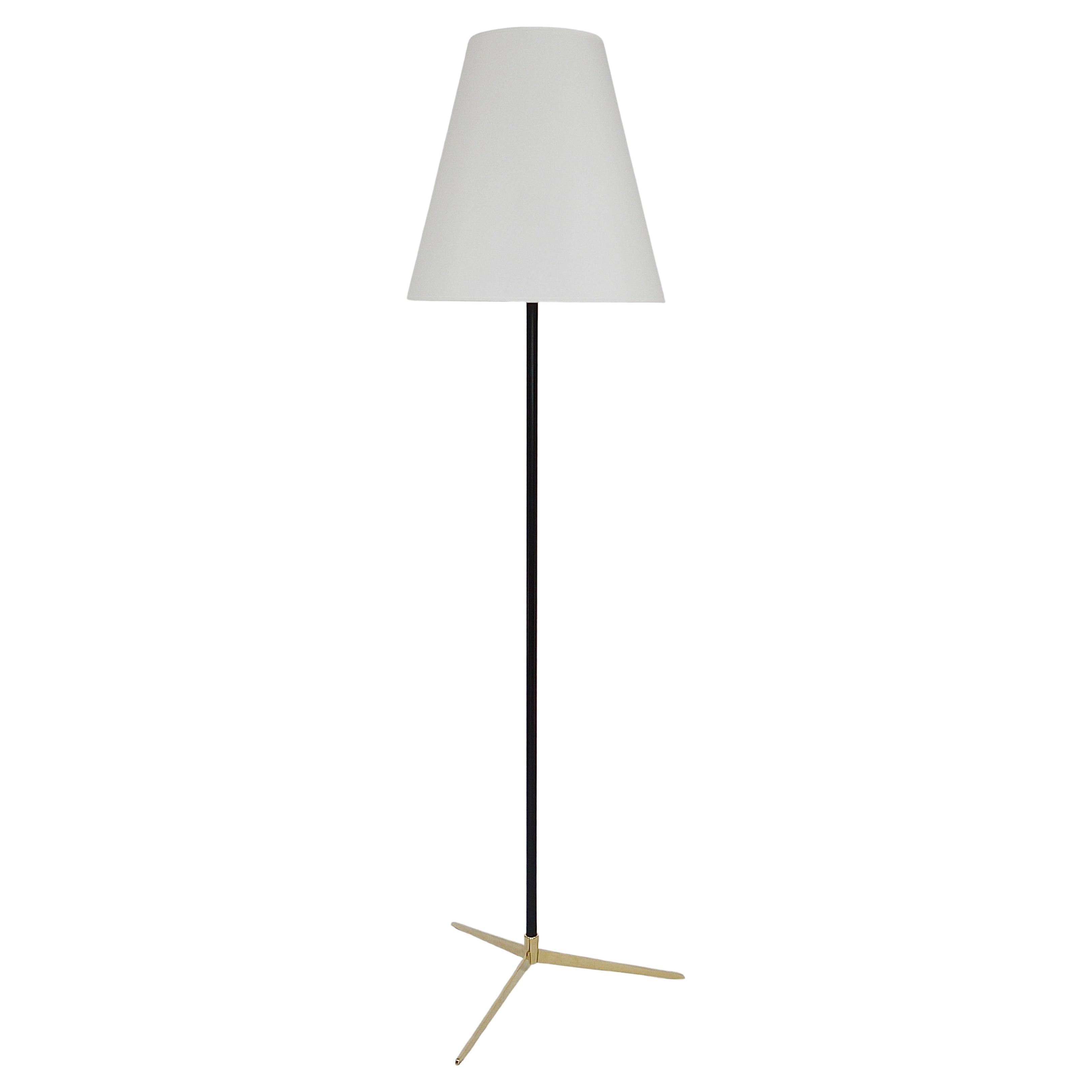 J.T. Kalmar Micheline Mid-Century Floor Lamp, Brass Tripod Base, Austria, 1950s