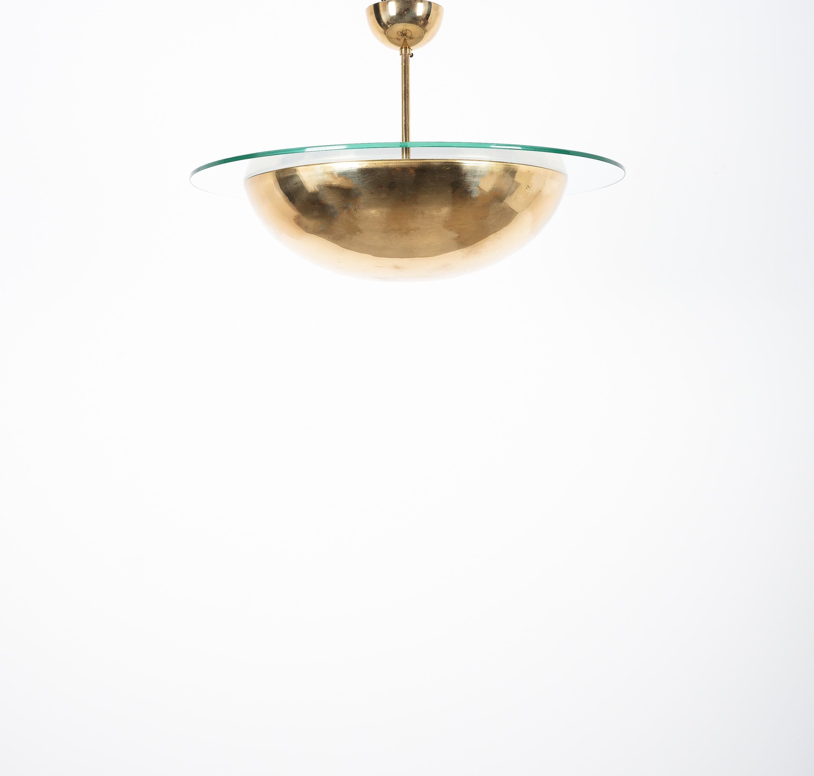 J.T Kalmar Mid Century Semi Flush Mount Brass Glass Dome Ceiling Light, Austria For Sale 3
