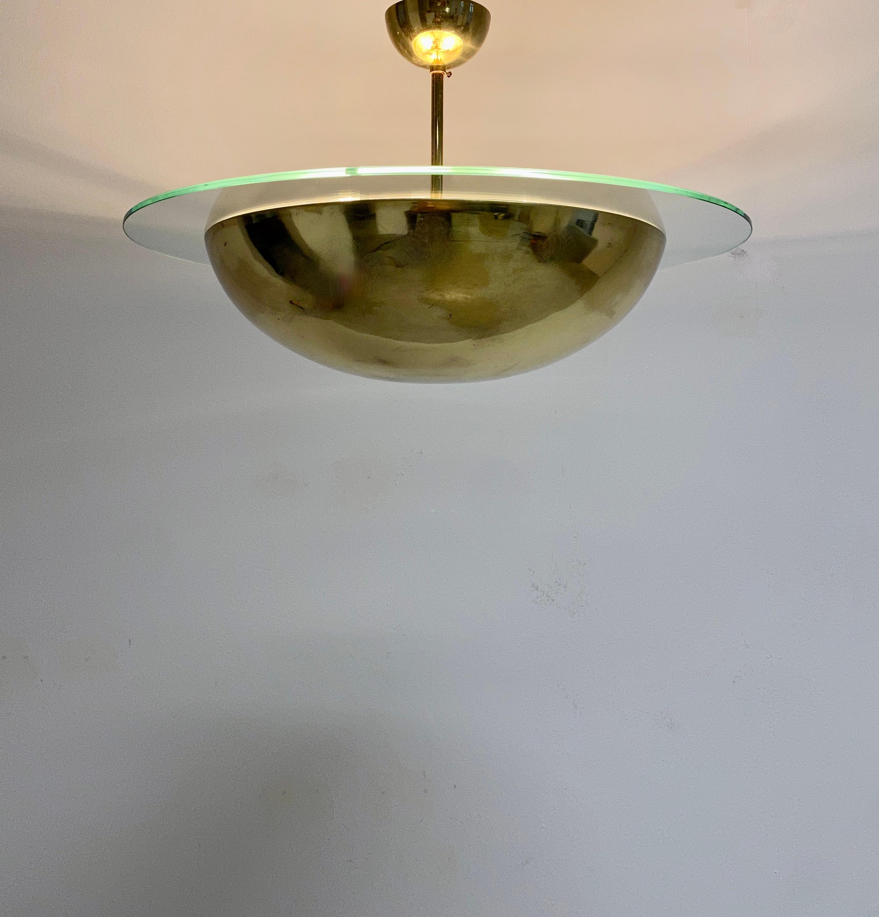 Austrian J.T Kalmar Mid Century Semi Flush Mount Brass Glass Dome Ceiling Light, Austria For Sale