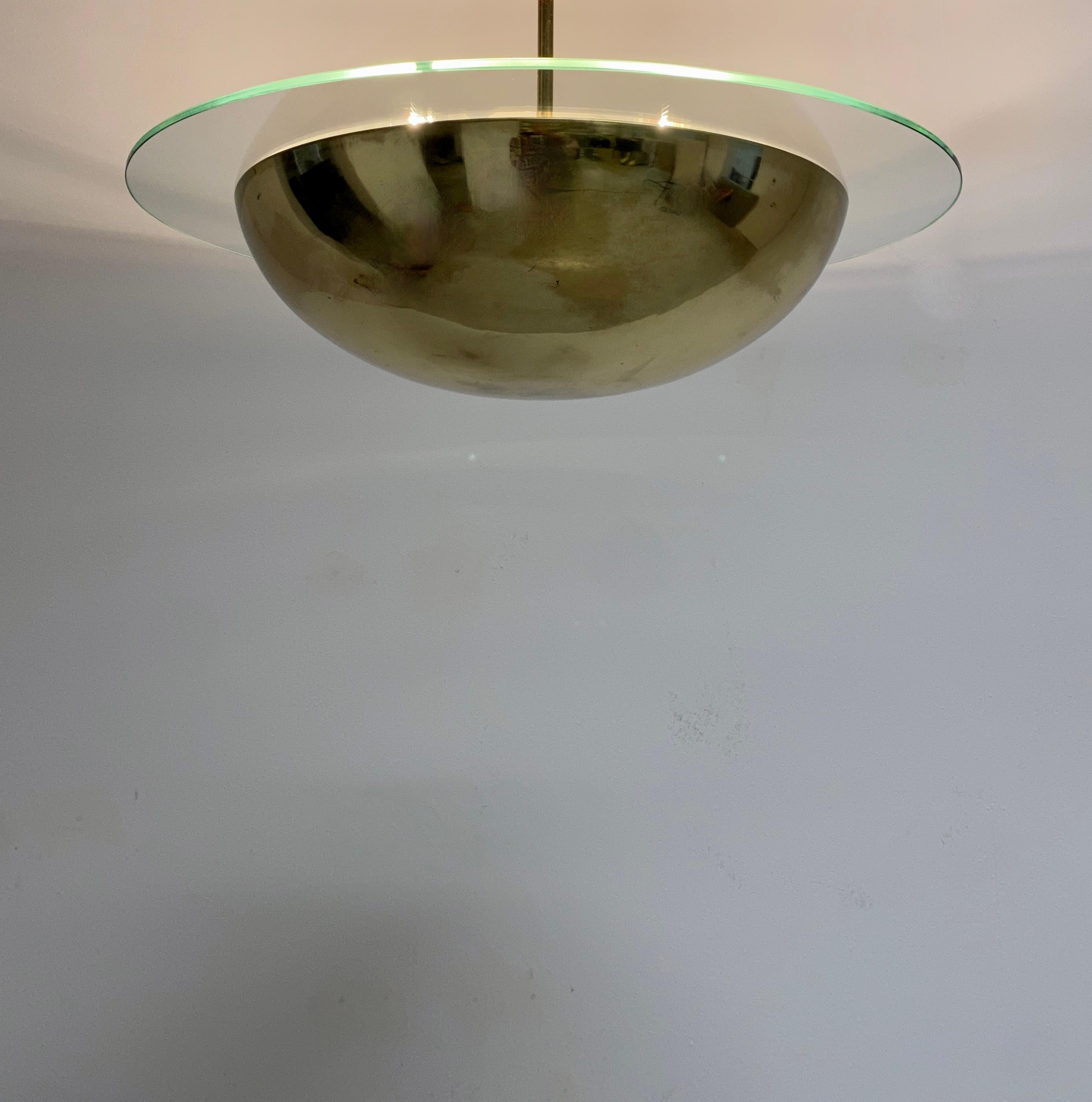 Polished J.T Kalmar Mid Century Semi Flush Mount Brass Glass Dome Ceiling Light, Austria For Sale