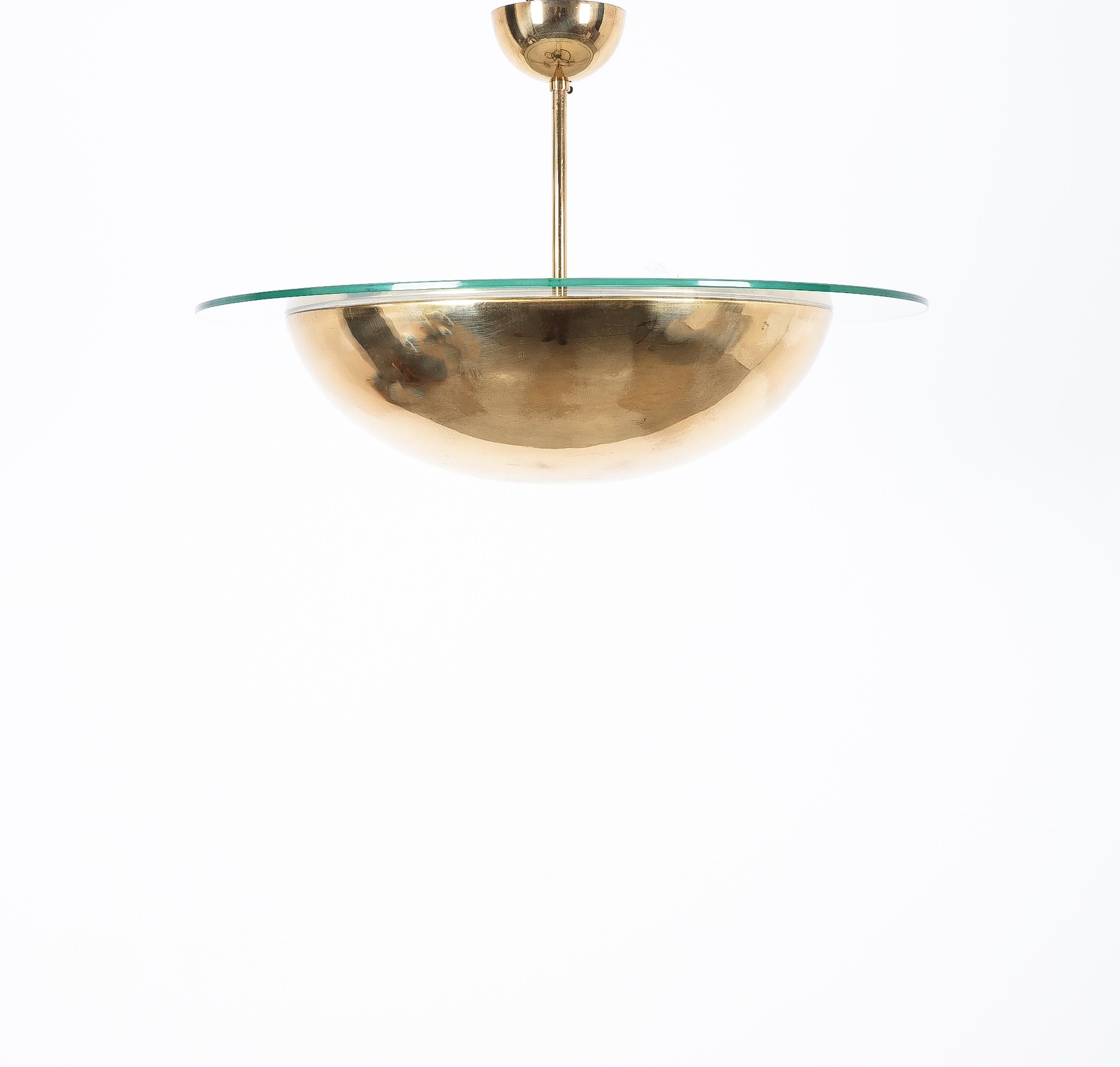 Late 20th Century J.T Kalmar Mid Century Semi Flush Mount Brass Glass Dome Ceiling Light, Austria For Sale