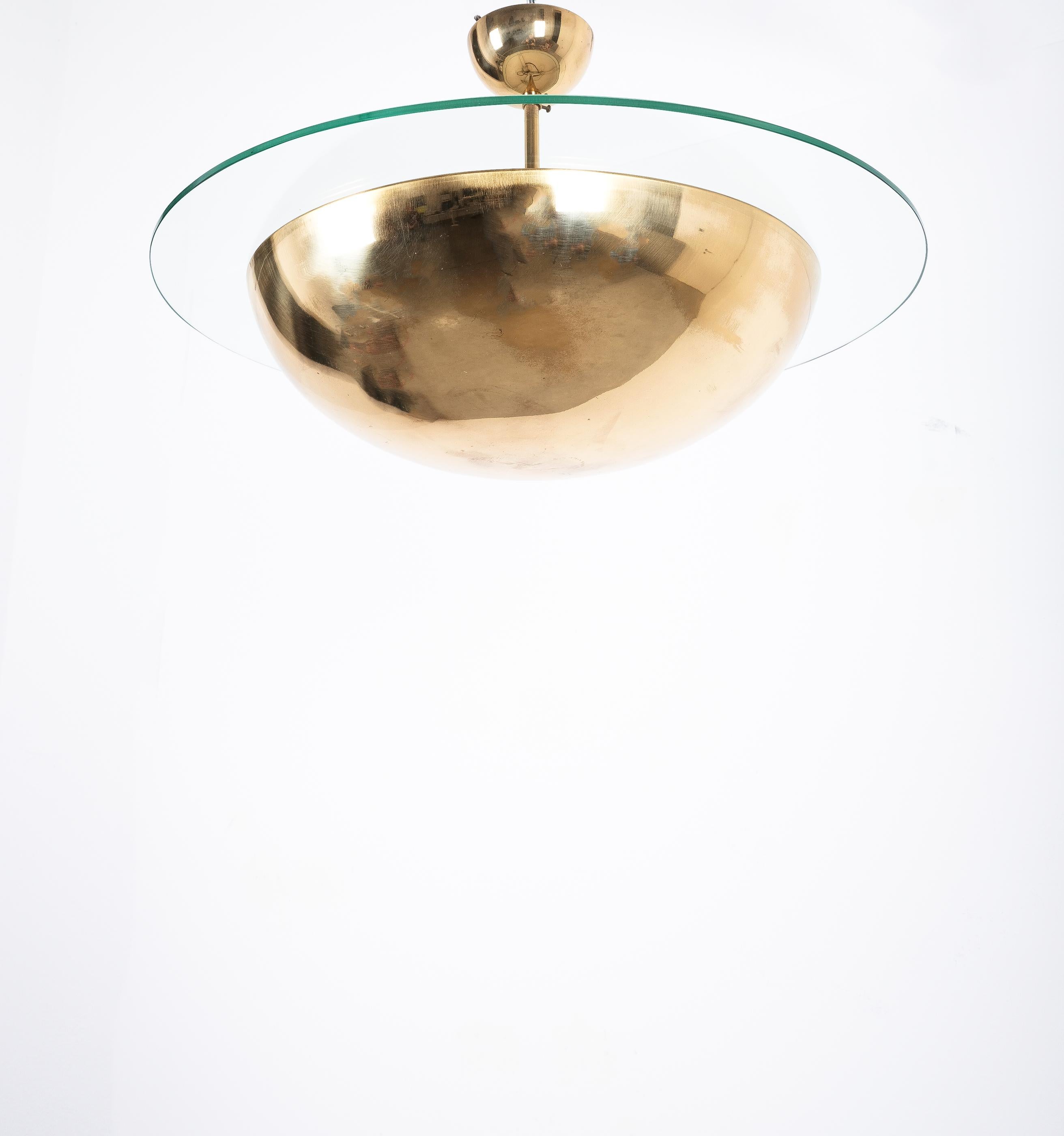 J.T Kalmar Mid Century Semi Flush Mount Brass Glass Dome Ceiling Light, Austria For Sale 2