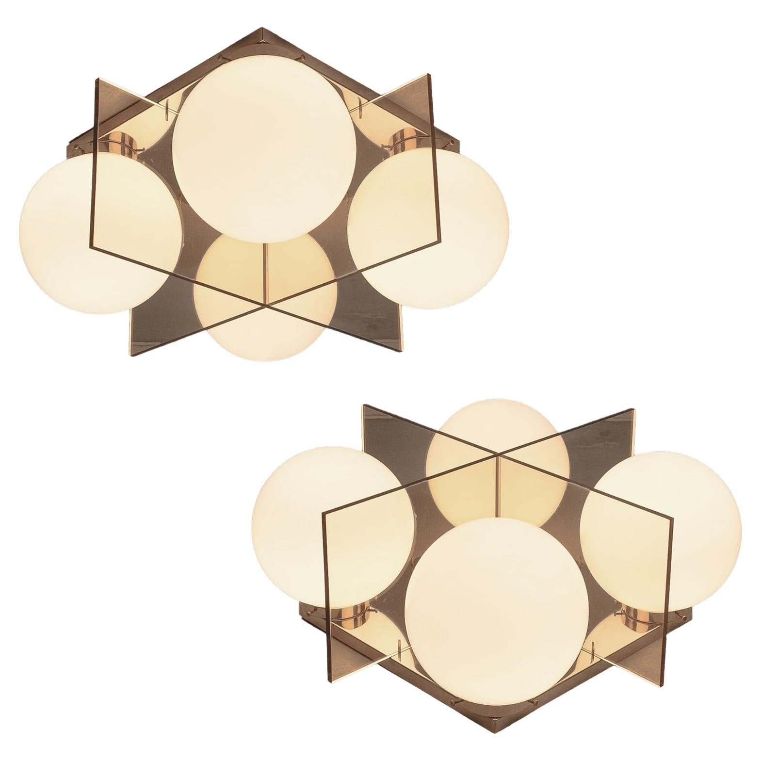 J.T Kalmar Mid Century Brass Lucite Ceiling Light Flush Mounts (2), Austria