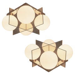 J.T Kalmar Mid Century Brass Lucite Ceiling Light Flush Mounts (2), Austria