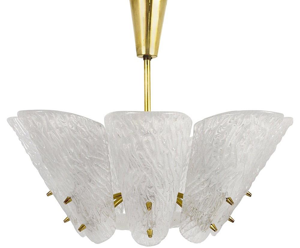 Beautiful Mid-Century Modern frosted milk glass chandelier manufactured by J.T. Kalmar, with the characteristic blown ice glass plates. This chandelier is a striking appearance in every room. Due to the sublime combination of glass and brass - this