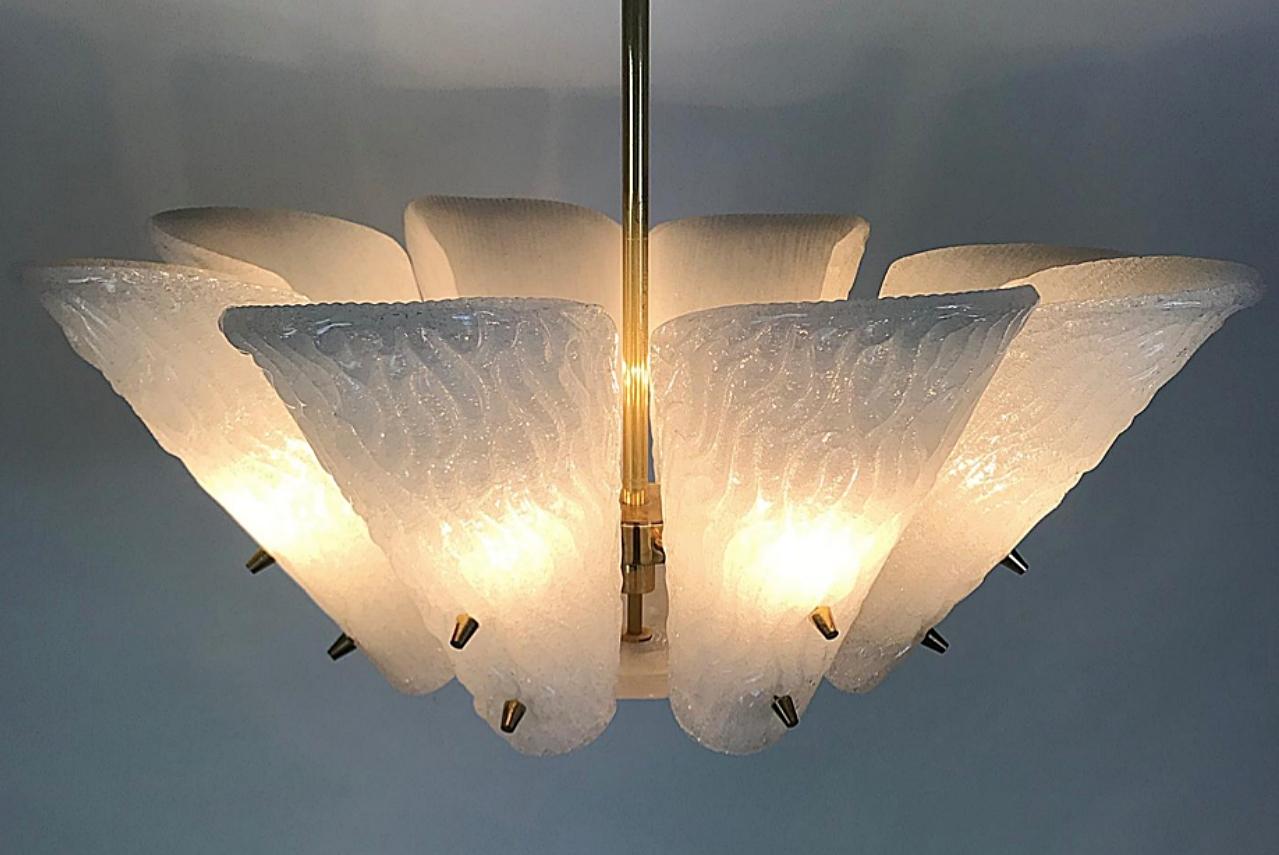 Brass J.T. Kalmar Mid-Century Modern Milk Glass Leaf Chandelier, Austria, 1950s For Sale