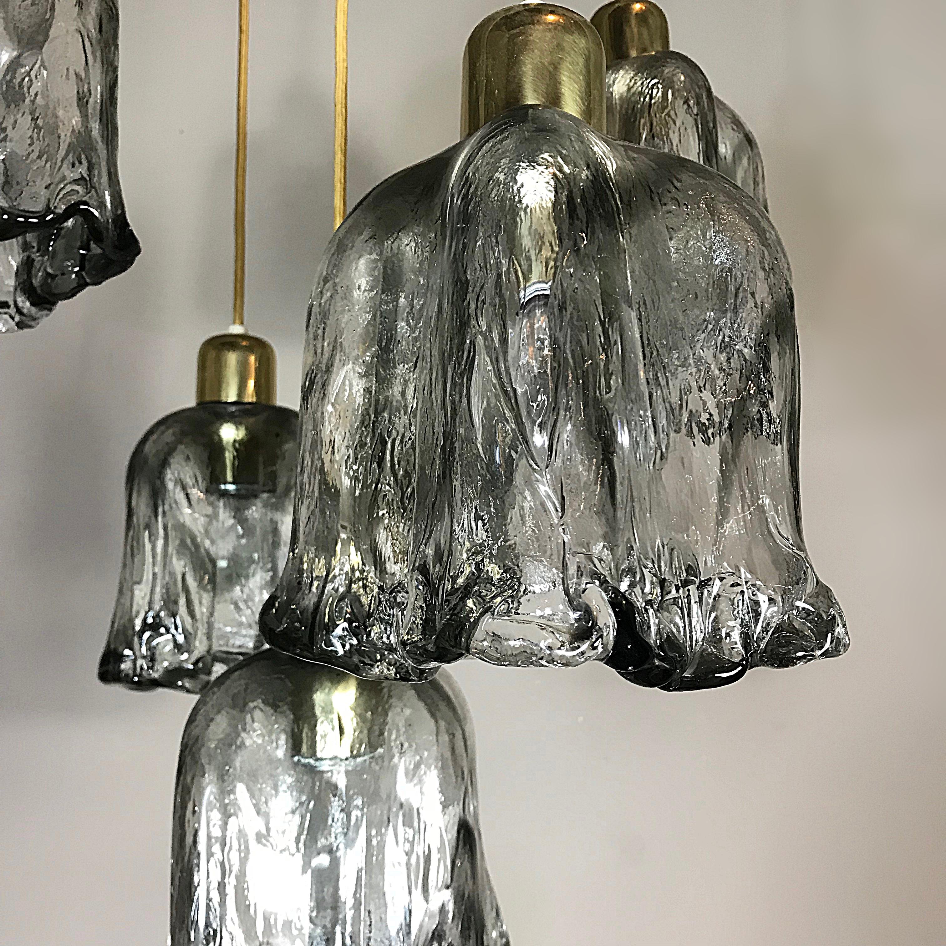 Mid-Century Modern J.T. Kalmar Midcentury Cascading Textured Glass Brass Chandelier, 1960s, Austria