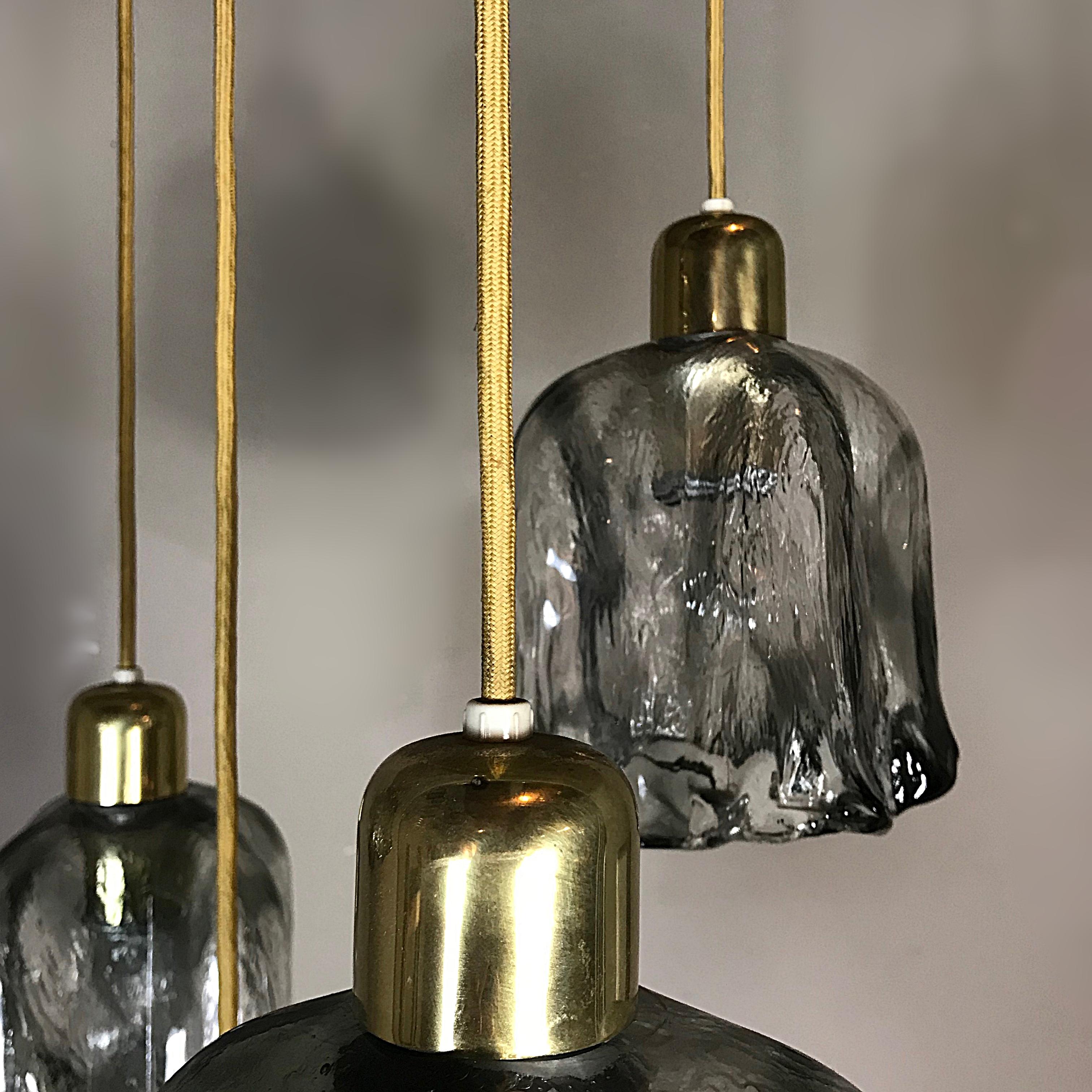 Austrian J.T. Kalmar Midcentury Cascading Textured Glass Brass Chandelier, 1960s, Austria