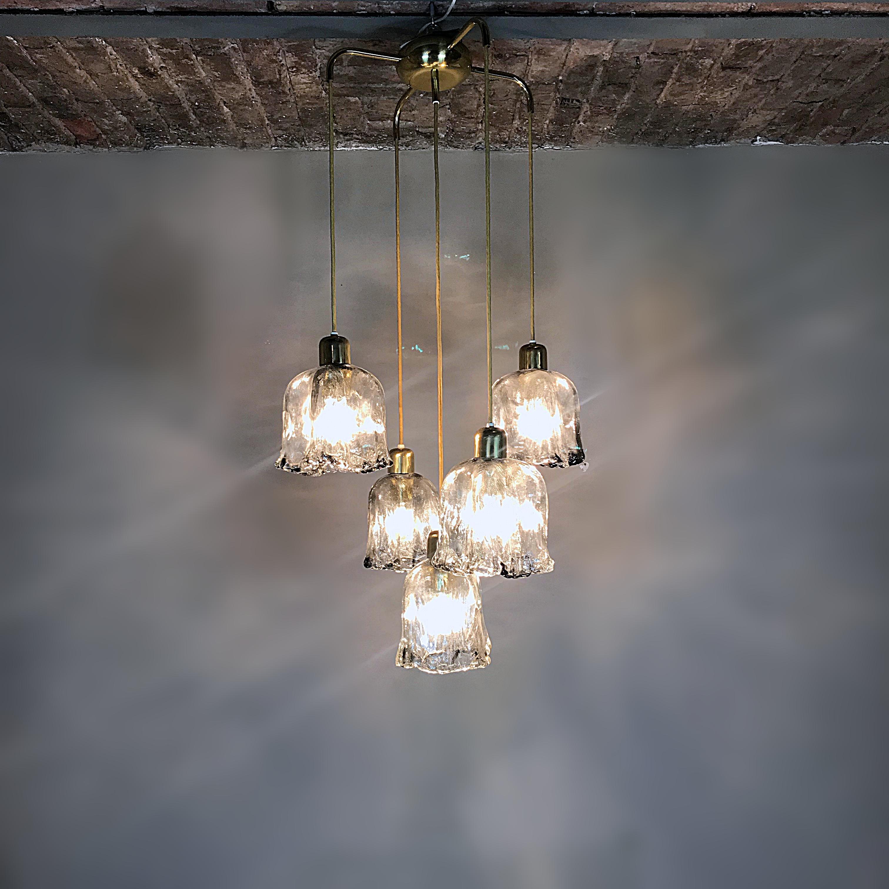 20th Century J.T. Kalmar Midcentury Cascading Textured Glass Brass Chandelier, 1960s, Austria