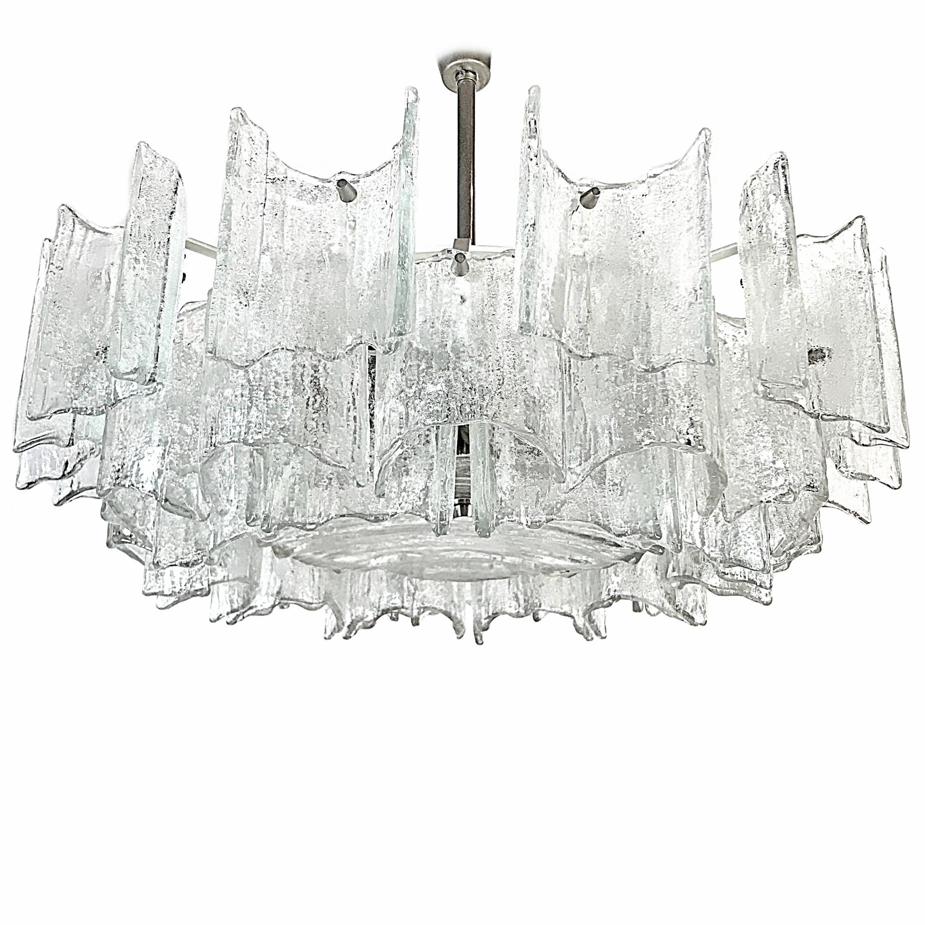 Beautiful big Mid-Century Modern frosted glass chandelier manufactured by J.T. Kalmar, with the characteristic blown ice glass plates. This chandelier is a striking appearance in every room. Due to the sublime combination of glass and chrome, this