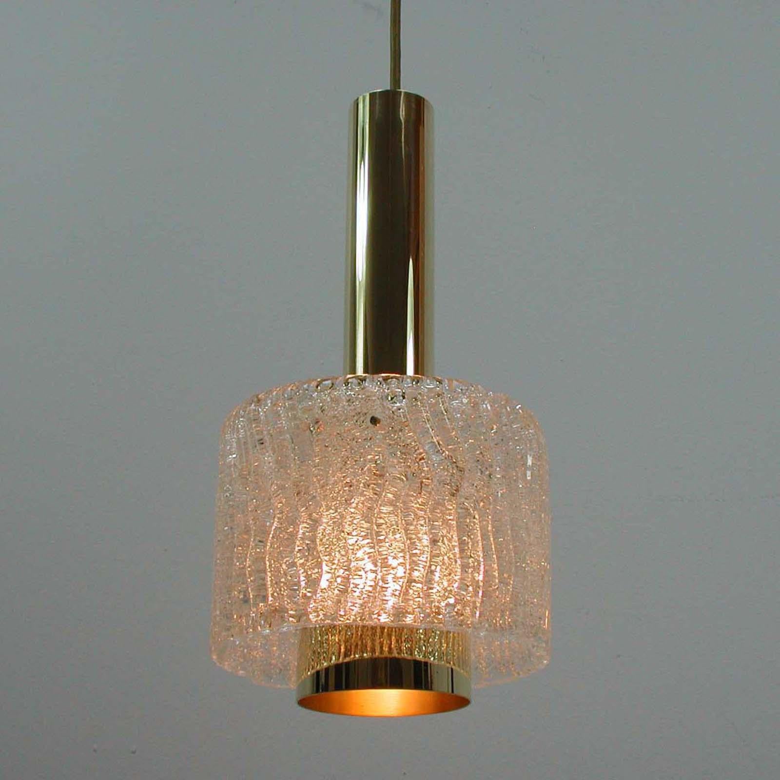 J.T. Kalmar Midcentury Textured Glass and Brass Pendant, 1950s For Sale 7