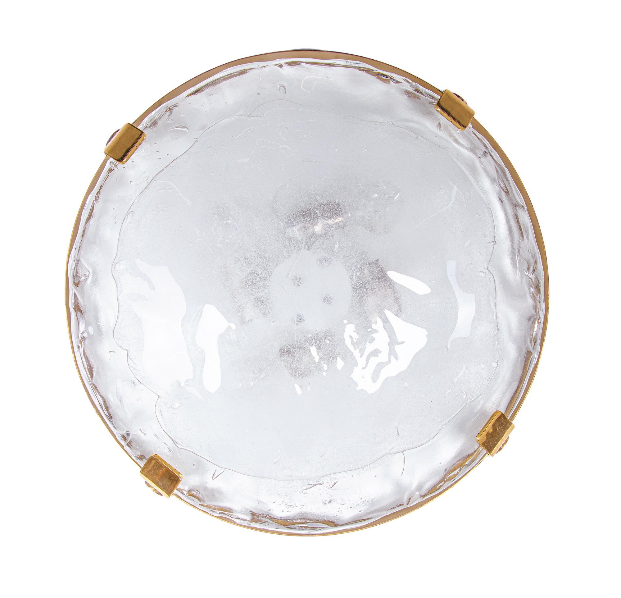 Elegant flush mount ceiling or wall light made of Murano ice glass with brass hardware. Manufactured by J.T. Kalmar, Austria in the 1960s. 

Designer: Carlo Nason attr. 
Measures: diameter 19.7” in. (50 cm), depth 5.9” in. (15 cm). 
Lighting: takes