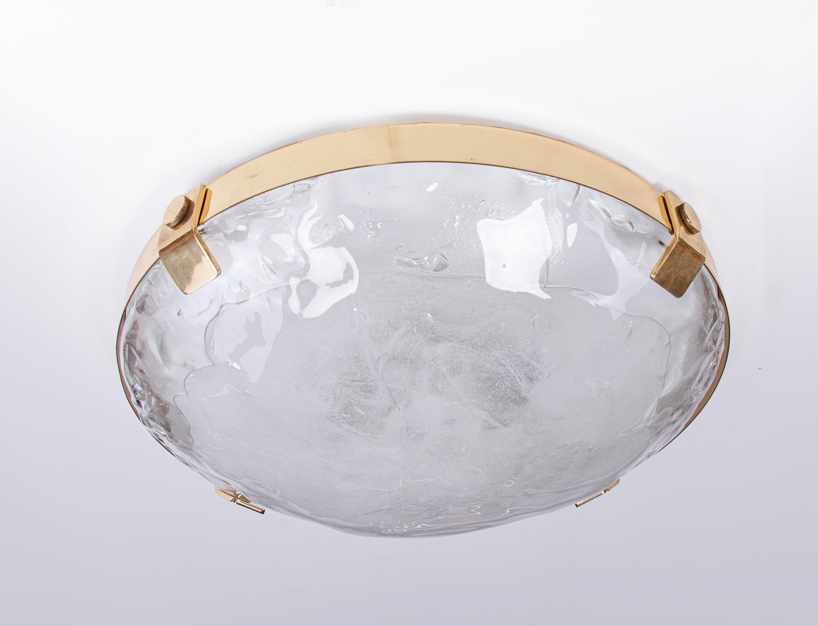 Austrian J.T. Kalmar Flush Mount Murano Ice Glass & Brass Ceiling Light, Austria 1960s For Sale