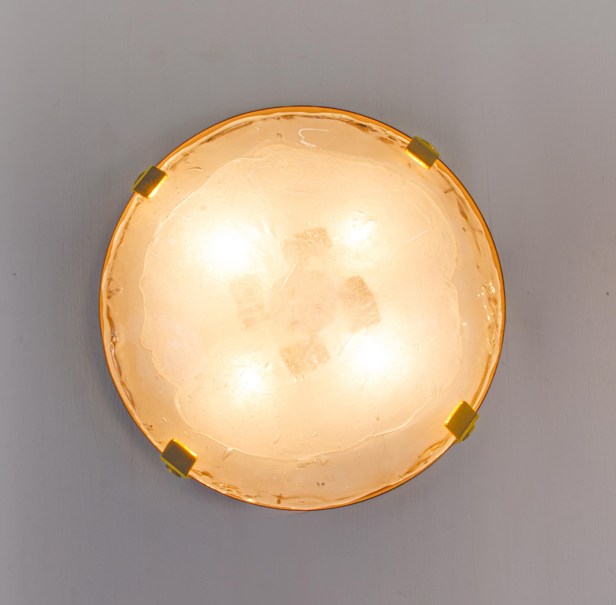 Mid-20th Century J.T. Kalmar Flush Mount Murano Ice Glass & Brass Ceiling Light, Austria 1960s