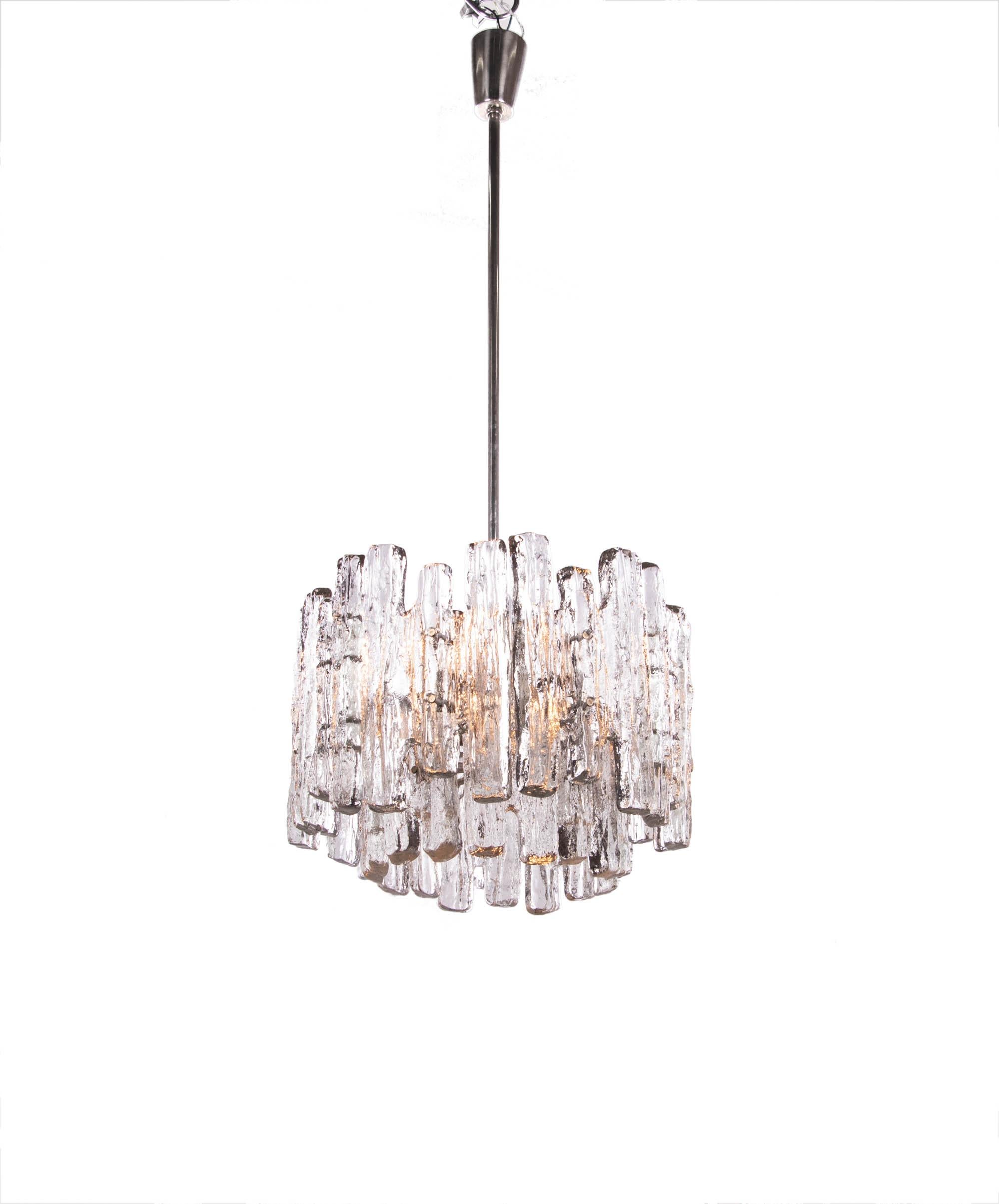 Elegant chandelier with two tiers of iced Murano glass elements on a nickel stem and hardware designed by J.T. Kalmar. Hanging glass resembles icicles. Chandelier illuminates beautifully and offers a lot of light. Manufactured by Kalmar, Vienna,