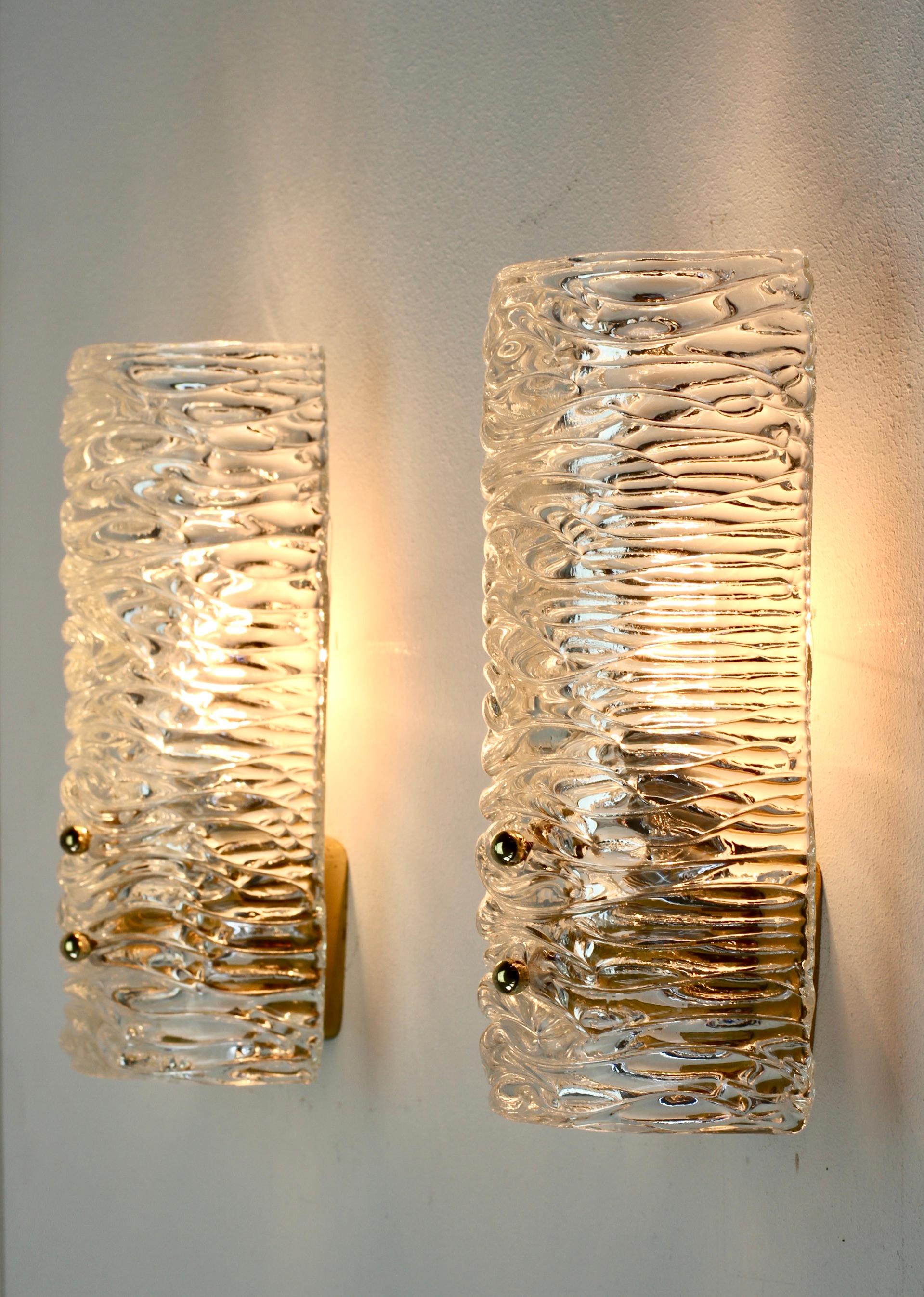 Mid-Century Modern J.T. Kalmar Pair of Large 1950s Brass & Textured Glass Wall Lights or Sconces