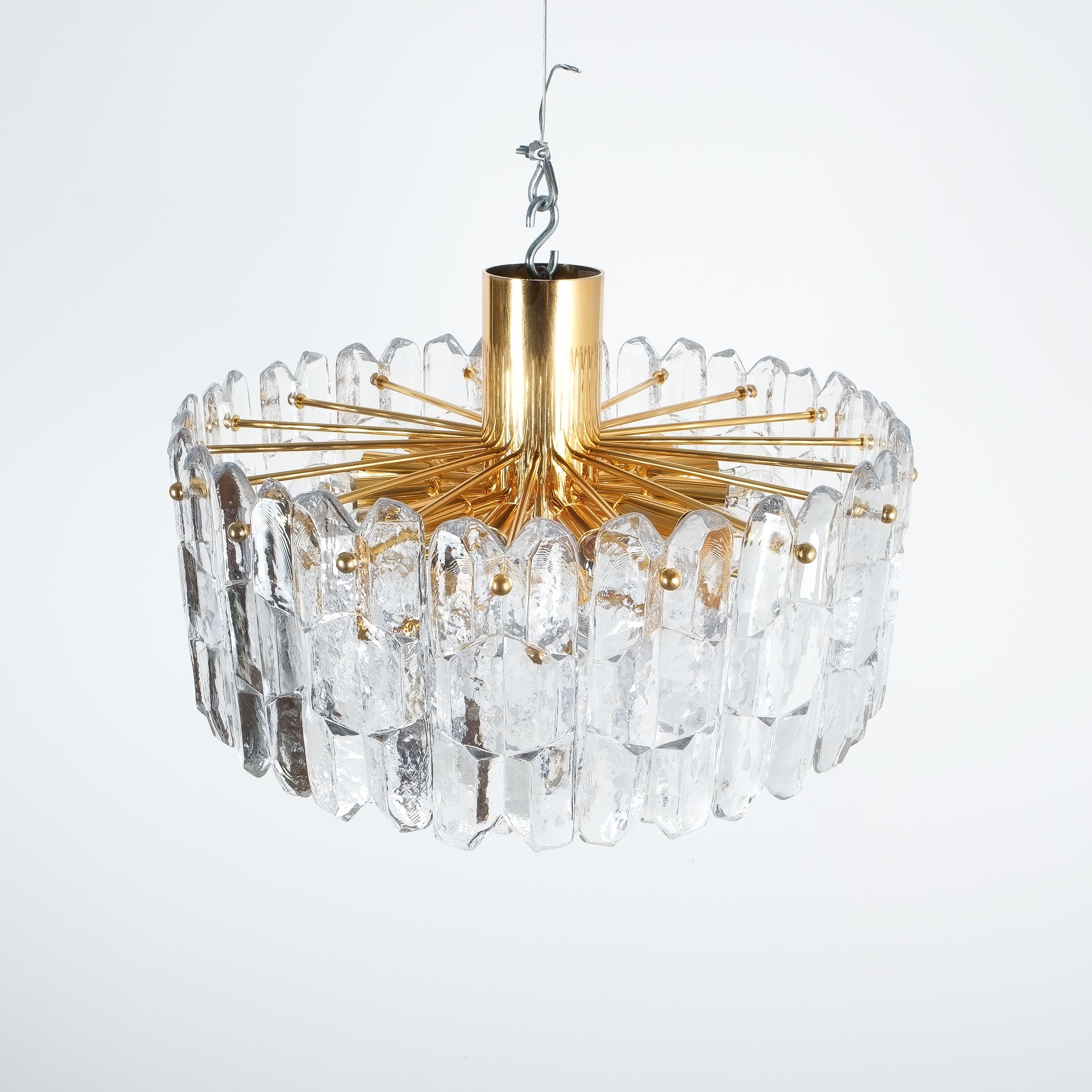 J.T. Kalmar Palazzo Flush Mount Chandelier Gold Brass Glass Lamp, Austria, 1960 For Sale 5