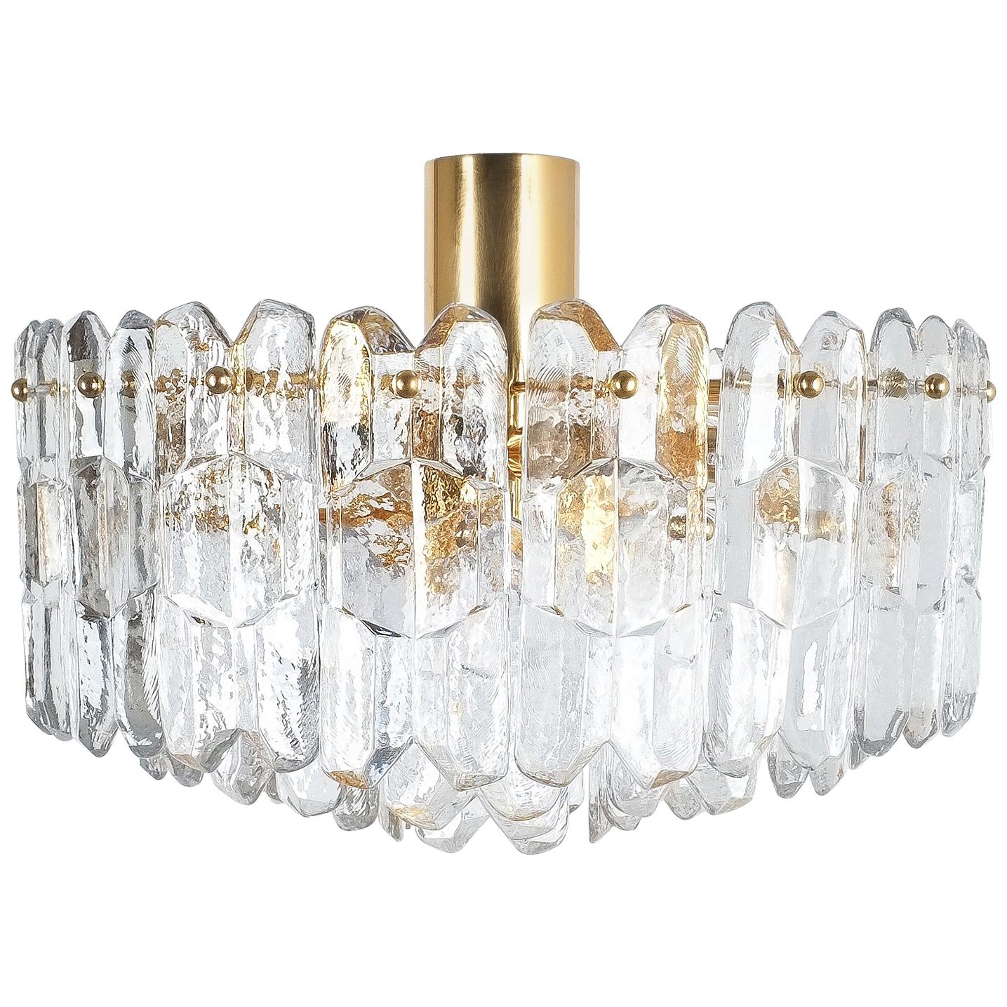 J.T. Kalmar Palazzo Flush Mount Chandelier Gold Brass Glass Lamp, Austria, 1960