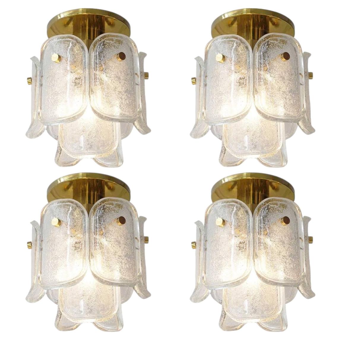 J.T. Kalmar 'Palazzo' Gilt Brass & Blown Glass Flush Mount Lights, 1970, Austria