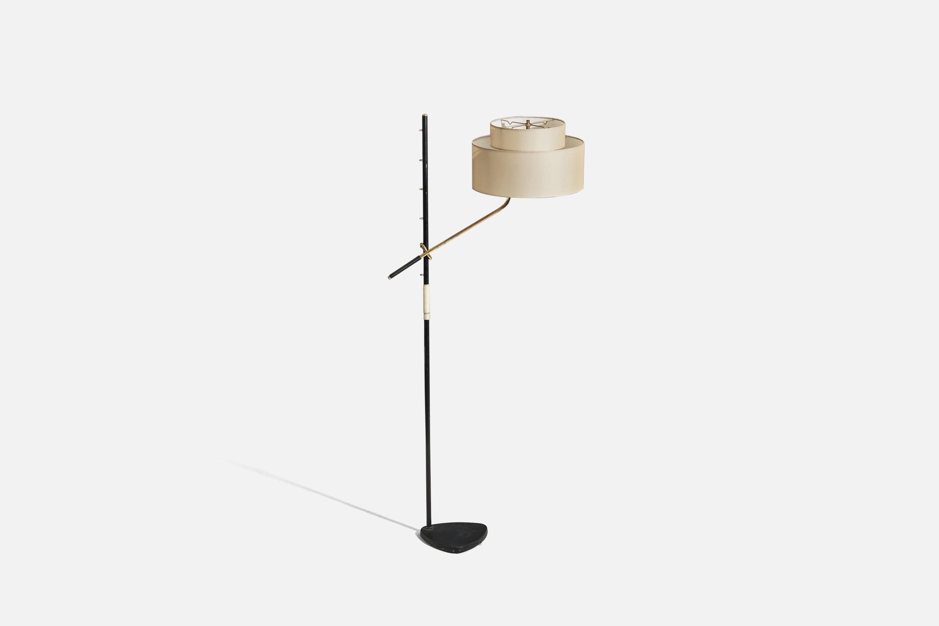 A metal, brass and fabric floor lamp designed and produced by J.T. Kalmar, Austria, 1950s.

Variable dimensions, measured as illustrated in the first image.
Sold with Lampshade. 
Dimensions stated refer to the floor lamp with shade.
 