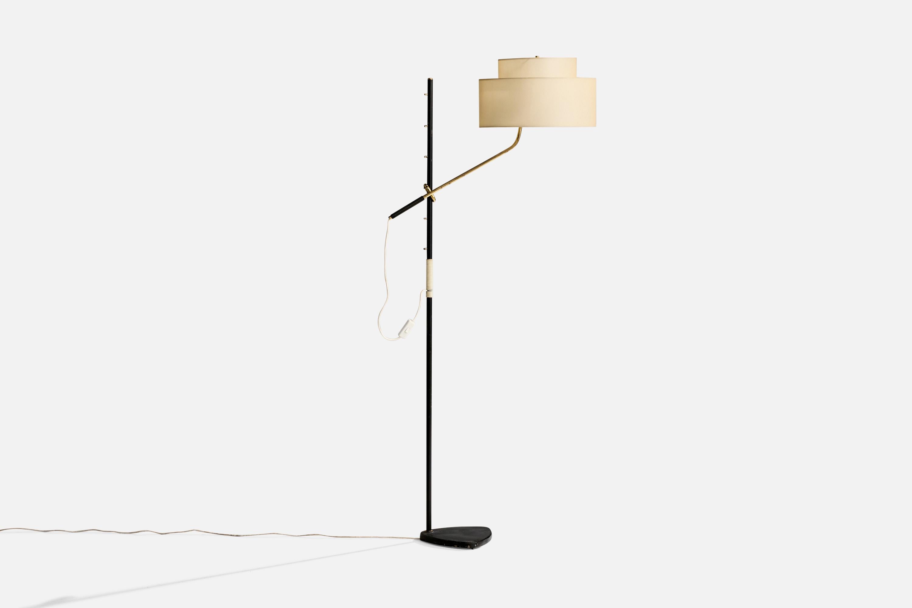 A black-lacquered metal, brass, plastic band and fabric floor lamp designed and produced by J.T. Kalmar, Austria, 1950s. 

Overall Dimensions (inches): 62