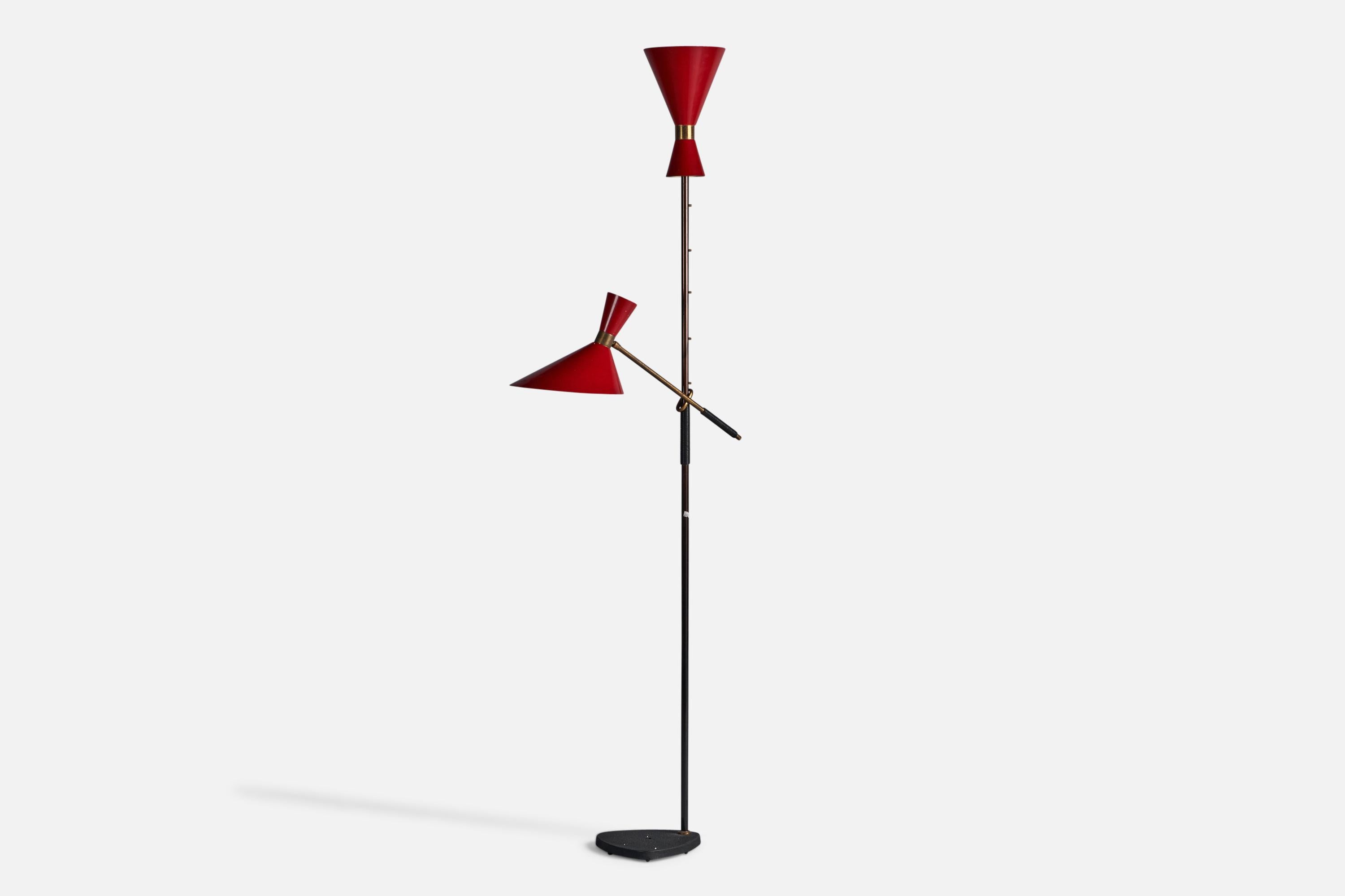 An adjustable brass and red and black-lacquered metal floor lamp, designed and produced by J.T. Kalmar, Austria, 1950s.

Overall Dimensions (inches): 72
