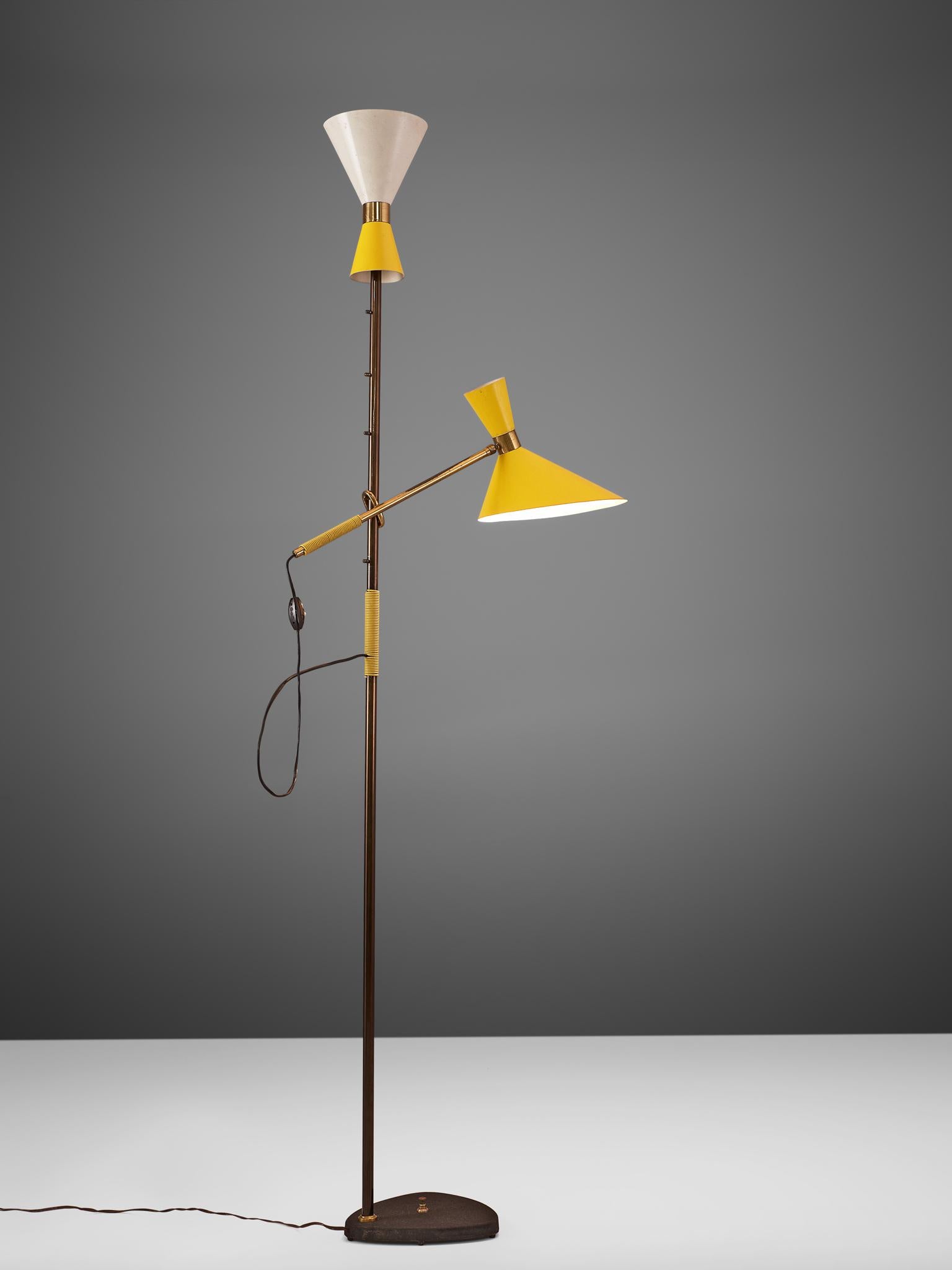 J.T. Kalmar, floor lamp 'Pelikan,' metal, fabric, green marble, brass, Austria, 1950s.

Slender floor lamp with chracteristic and inventive adjustable height mechanism. The base holds one shade, that is faced towards the ceiling. The other shade